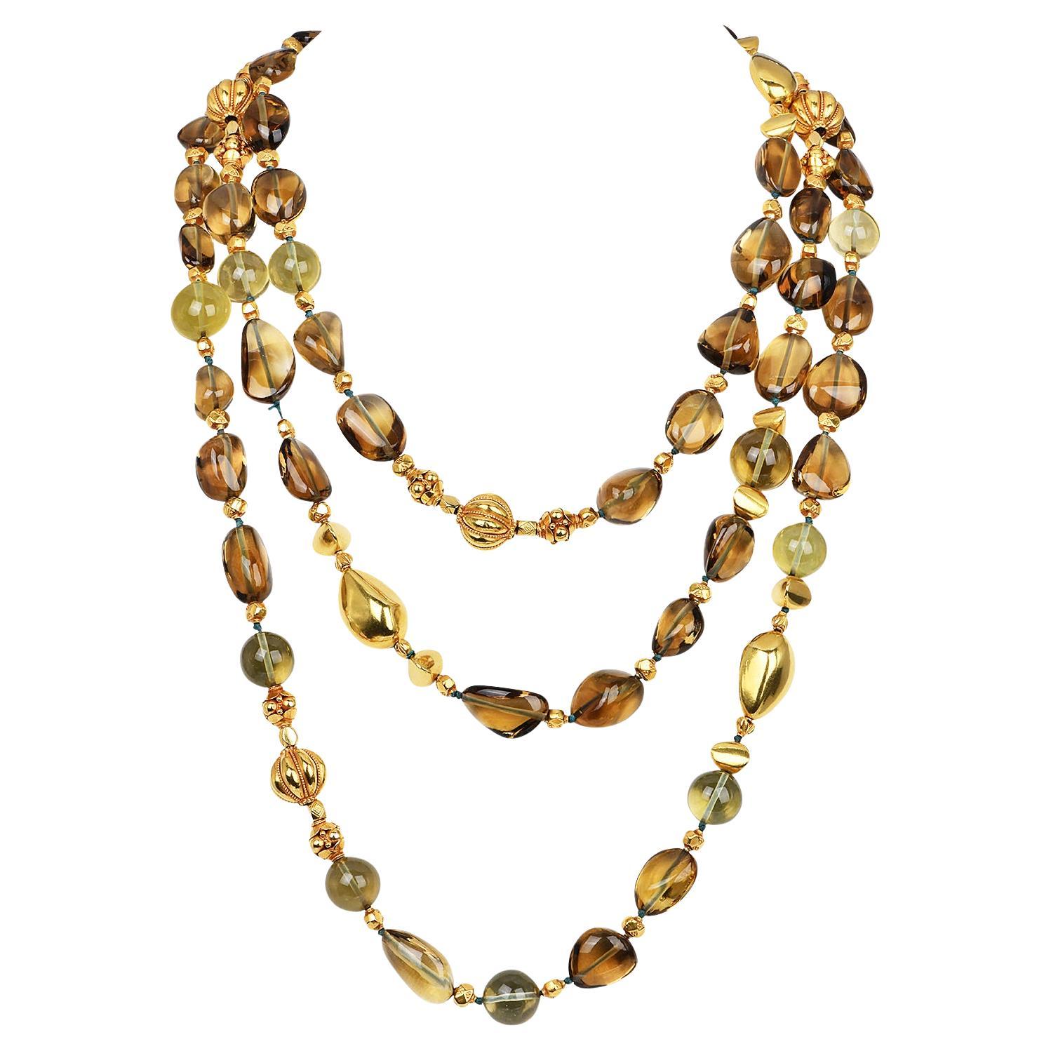 Verdura Extra Long Smoky Quartz 18K Gold Beaded Necklace