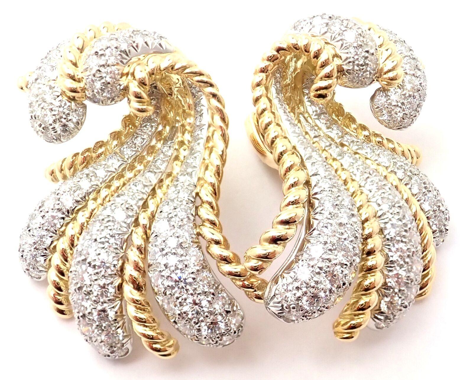 Women's or Men's Verdura Fan Diamond Large Yellow Gold Platinum Earrings