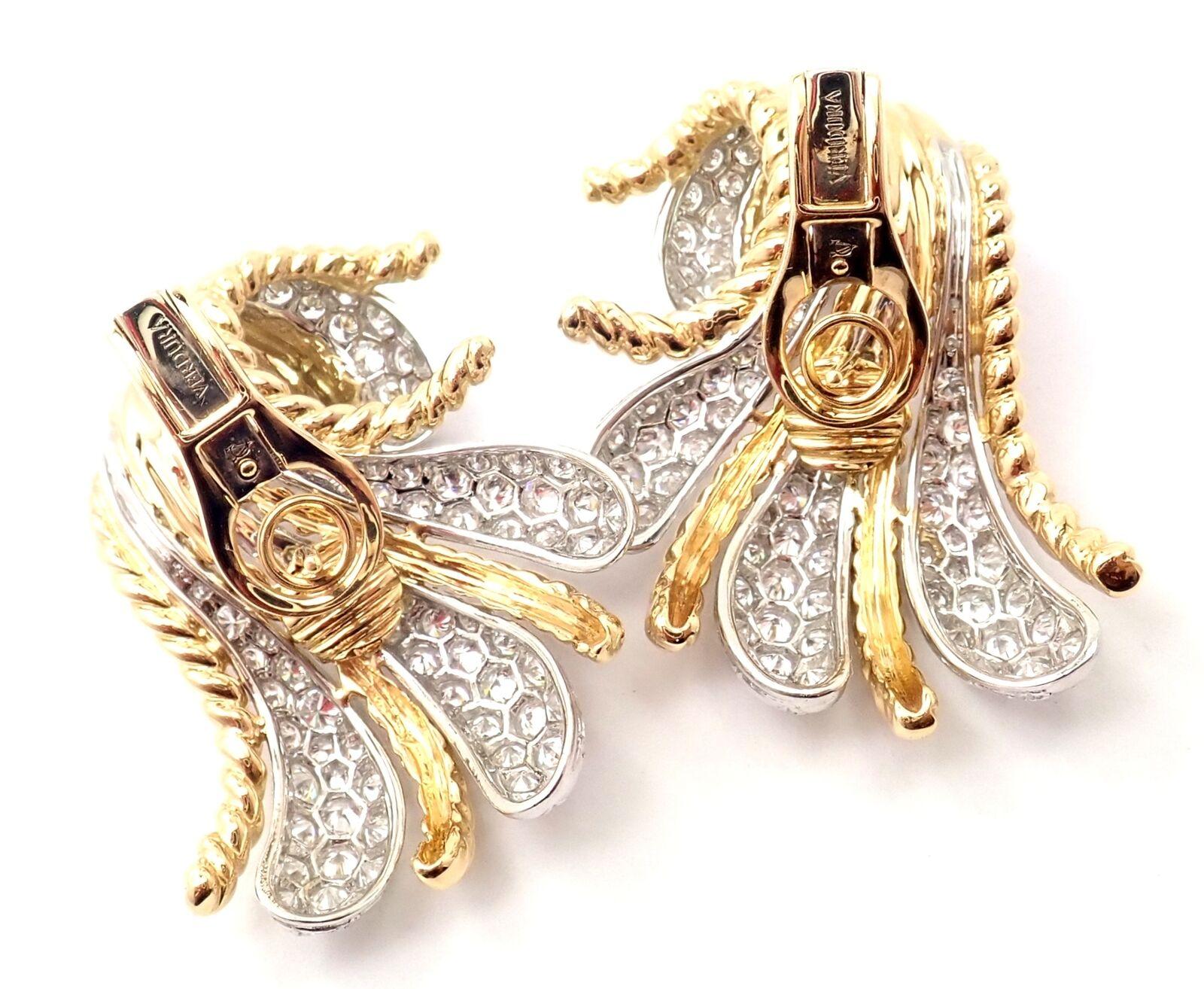 Verdura Fan Diamond Large Yellow Gold Platinum Earrings 1