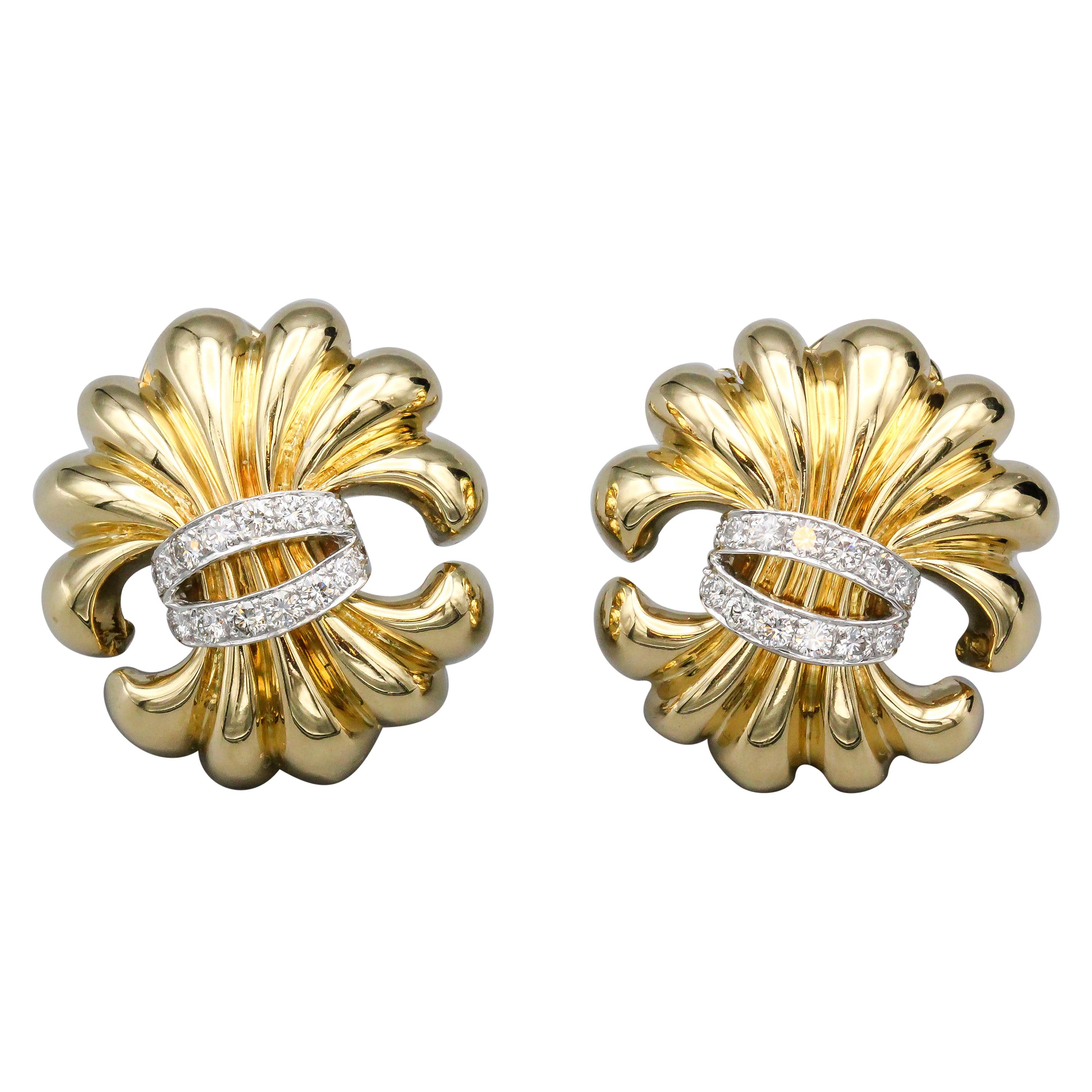 Verdura Fleur-de-Lis Diamond and 18 Karat Gold Earrings