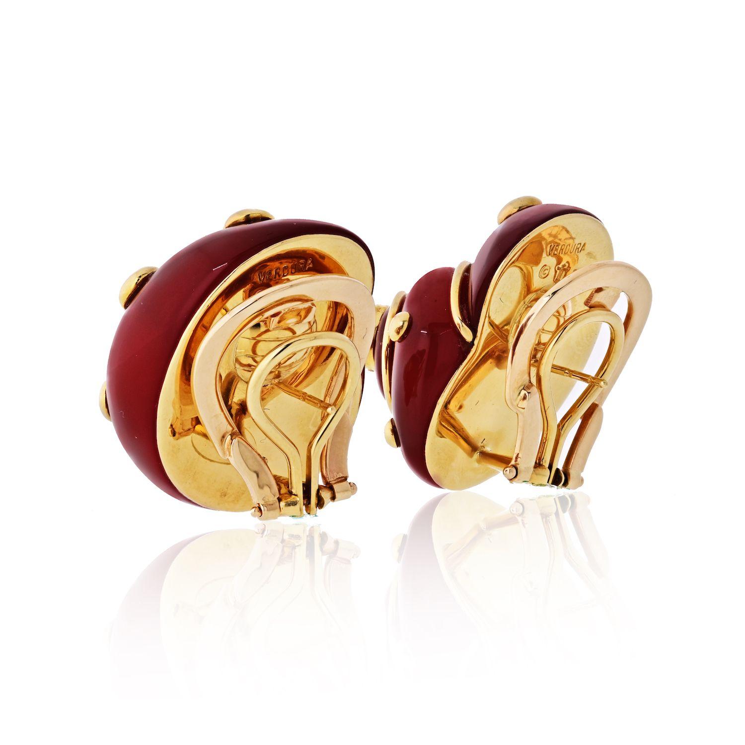 Modern Verdura 18K Gold Red Carnelian Shell Earrings