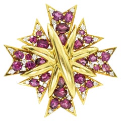 Retro Verdura Garnet and Diamond "Maltese Cross" Brooch