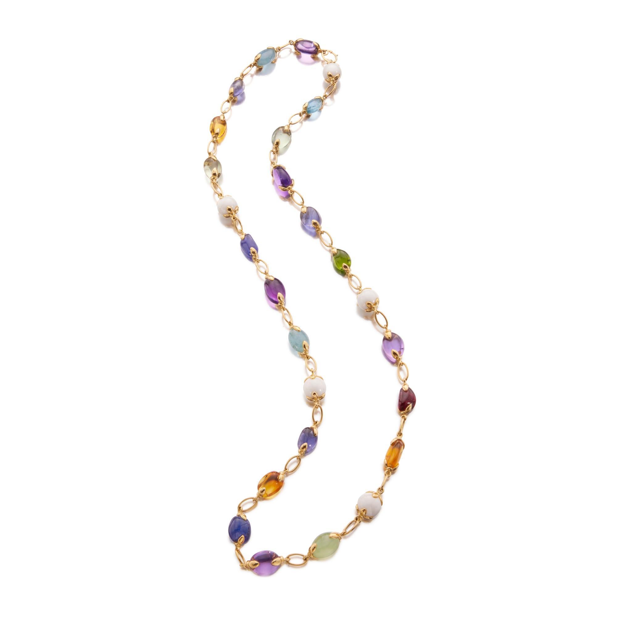 Verdura Gold and    Gem-set and Ceramic 'Fulco' Necklace This necklace is composed
of a variety of tumbled gemstones including amethyst, citrine, peridot, tanzanite, iolite, green quartz, aquamarine, prehnite and rubellite, interspersed with ceramic