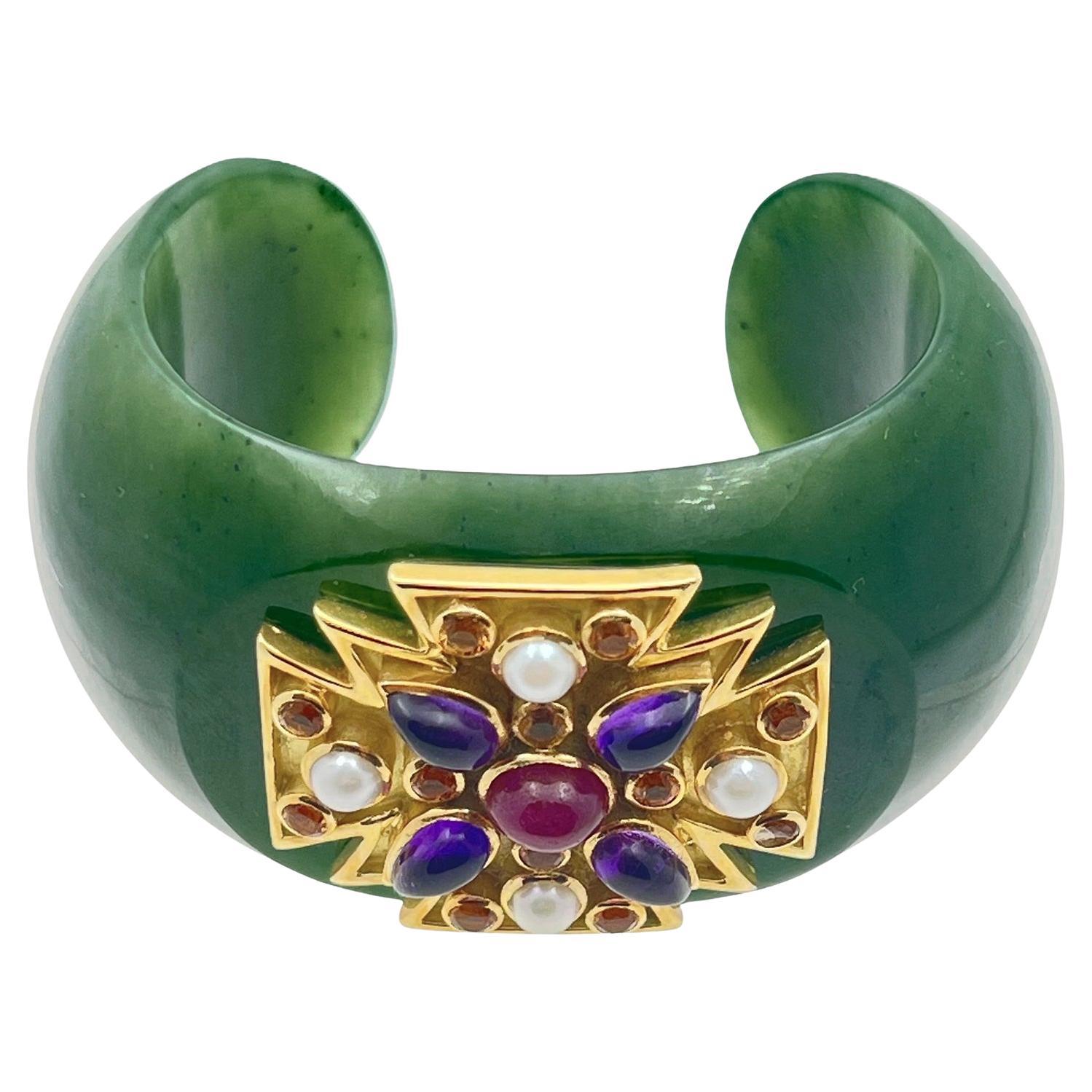 Brilliant Cut Verdura Gem-Set Green Jade Maltese Cross Cuff Bracelet