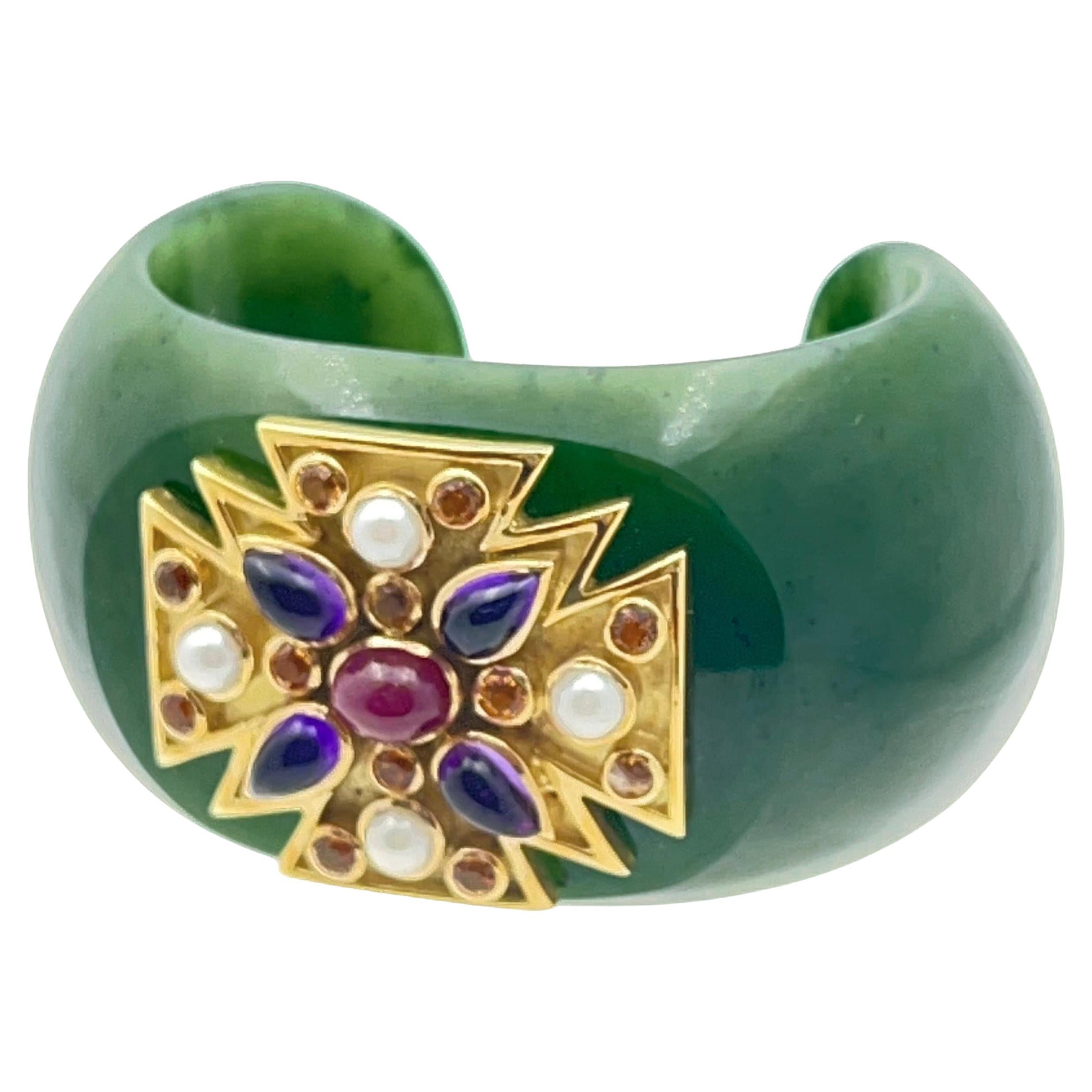 Verdura Gem-Set Green Jade Maltese Cross Cuff Bracelet In Excellent Condition In Palm Beach, FL