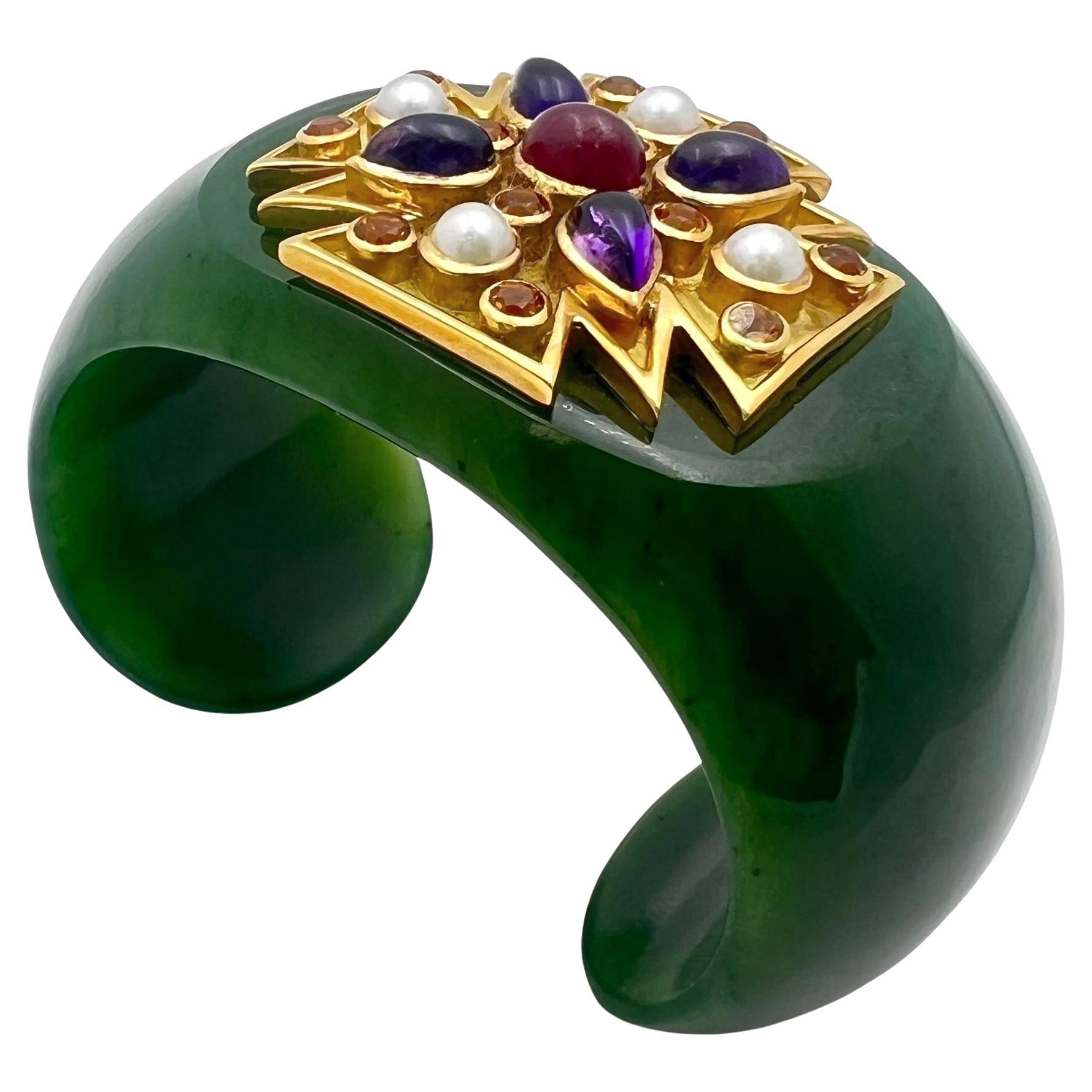 Verdura Gem-Set Green Jade Maltese Cross Cuff Bracelet 2