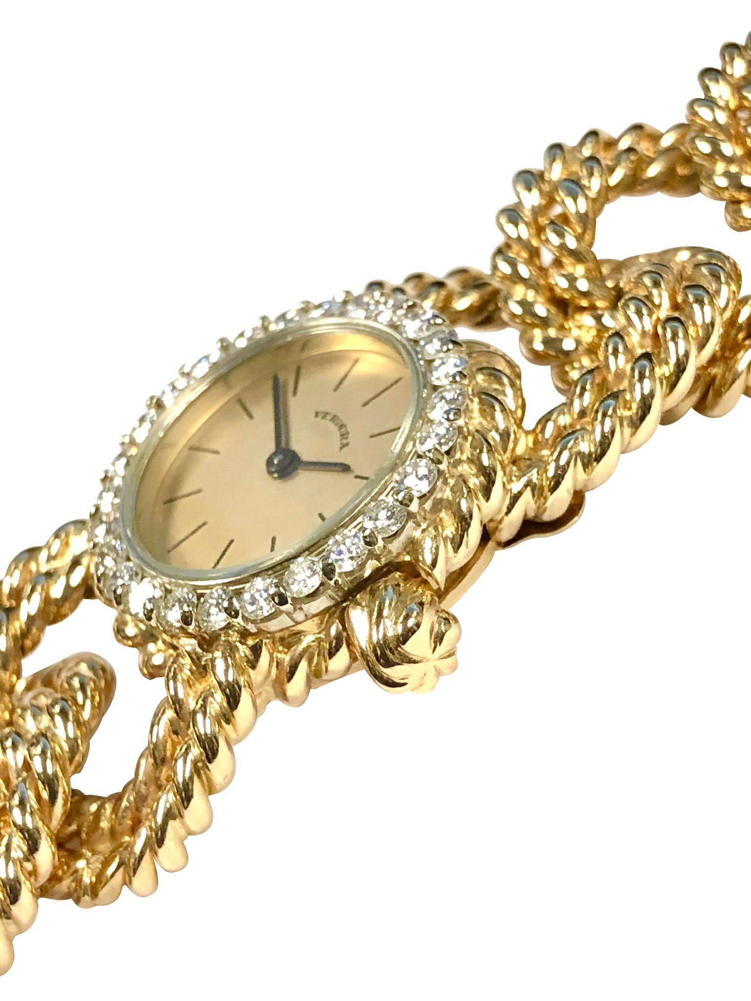 Taille ronde Verdura Montre-bracelet à maillons en forme de corde en or et diamants en vente