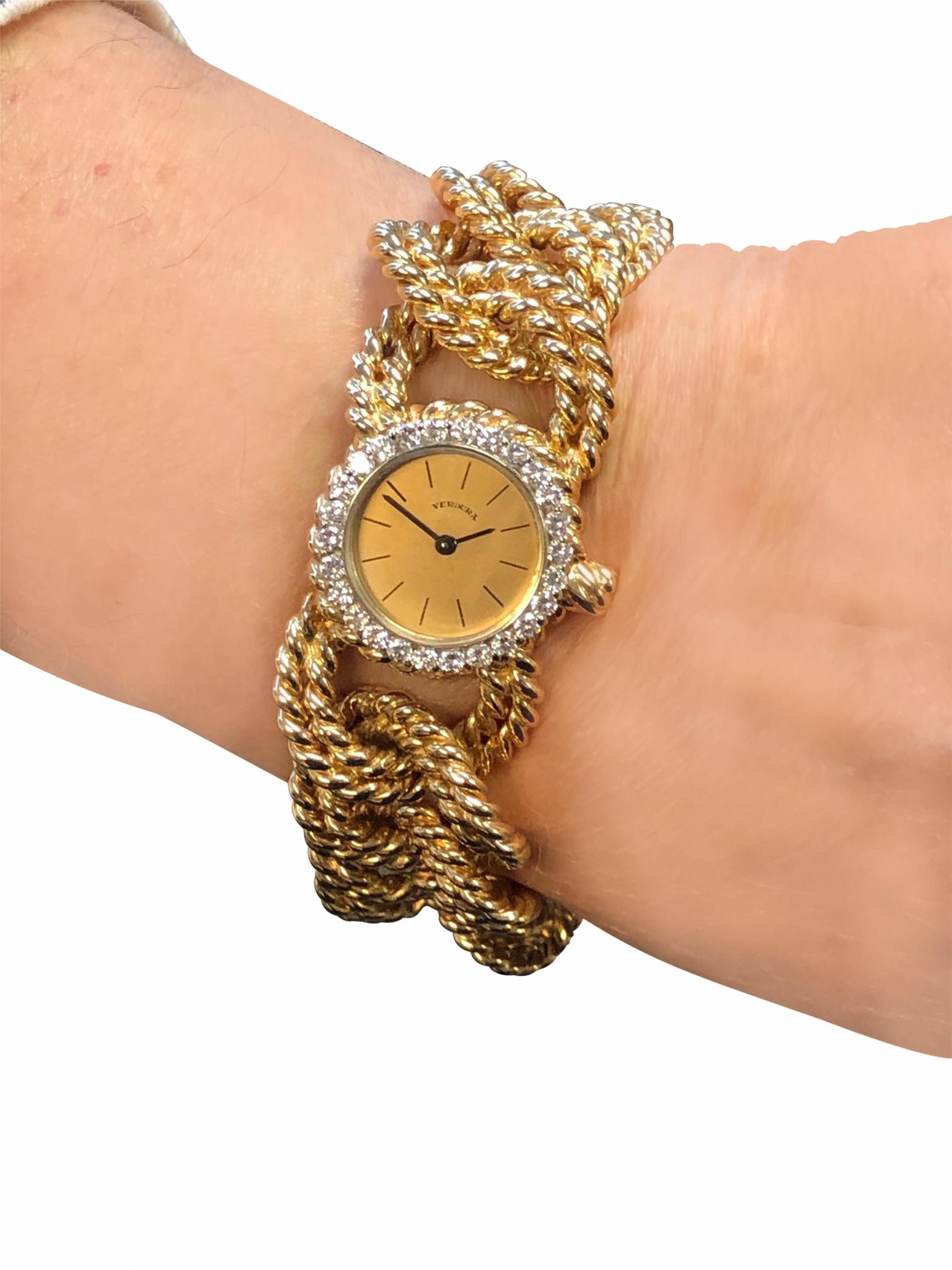 Round Cut Verdura Gold and Diamond Rope Link Bracelet Wristwatch For Sale
