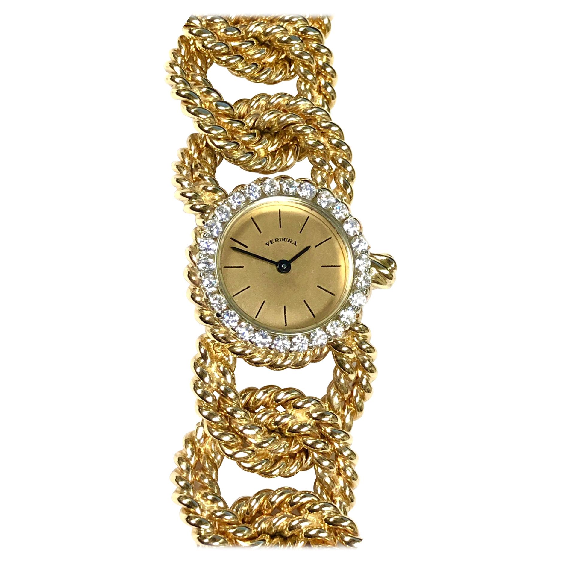Verdura Gold and Diamond Rope Link Bracelet Wristwatch