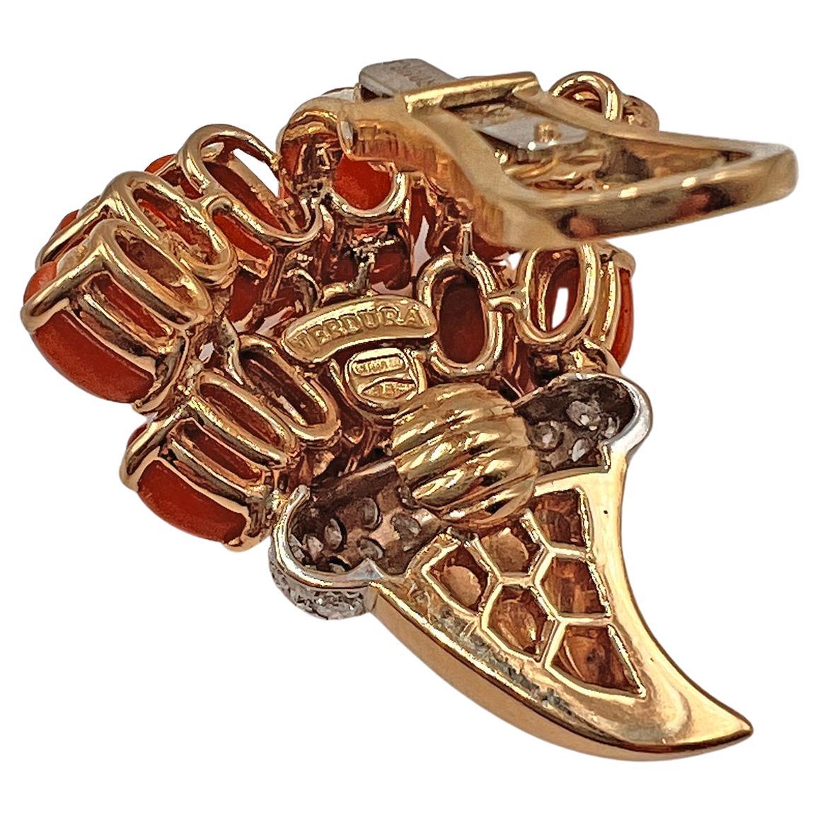 Modern Verdura Gold Coral Diamond Cornucopia Clip Earrings
