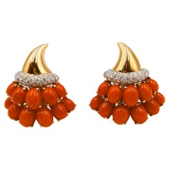 Verdura Gold Coral Diamond Cornucopia Clip Earrings