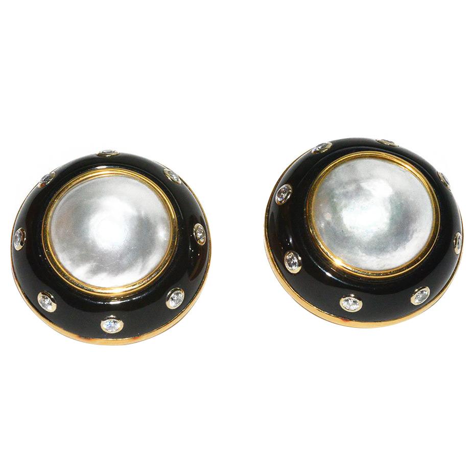 Verdura Gold Pearl Diamond Onyx Ear Clips In Excellent Condition In Teaneck, NJ