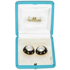 Verdura Gold Pearl Diamond Onyx Ear Clips