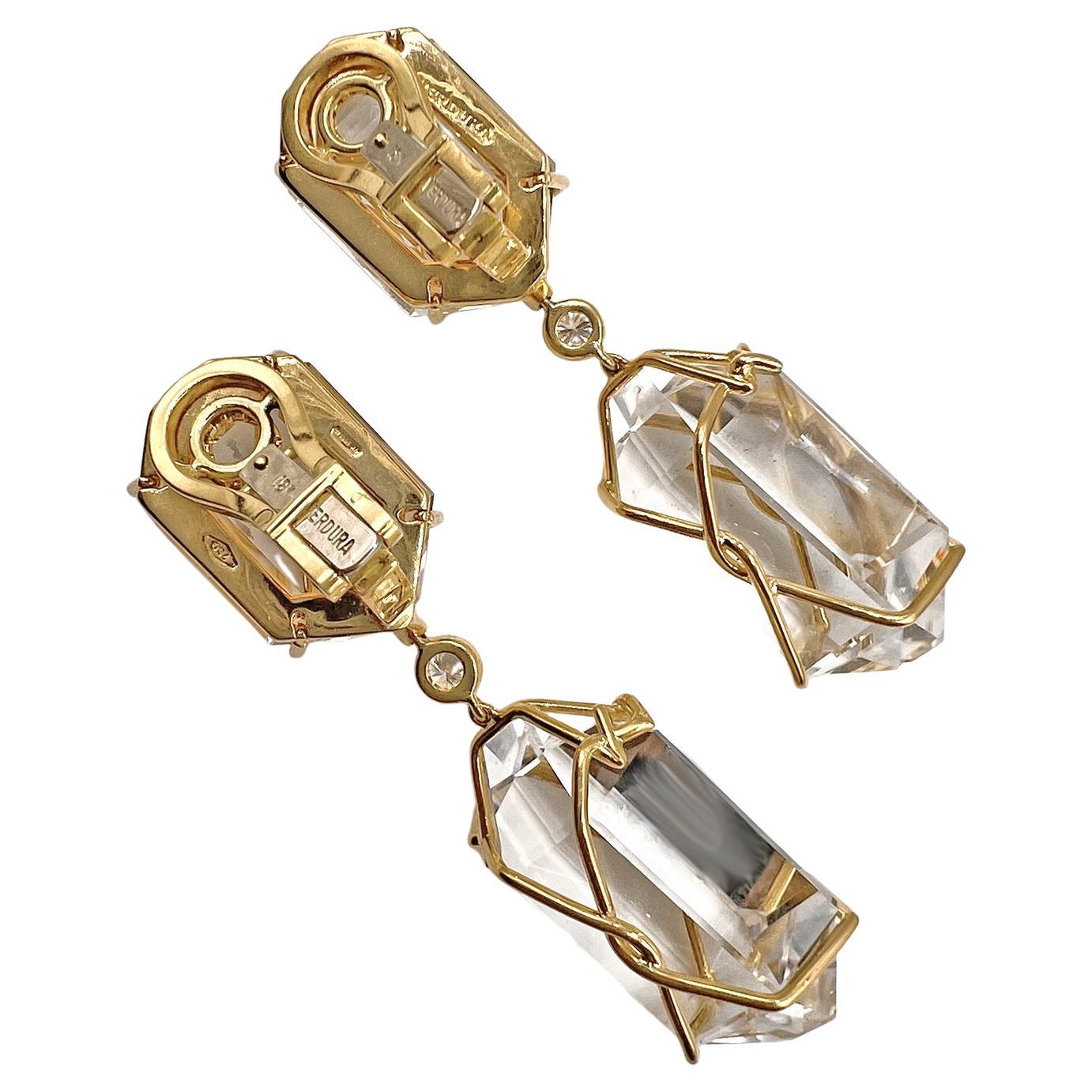 Modern Verdura Gold Rock Crystal Herkimer Pendant Earrings