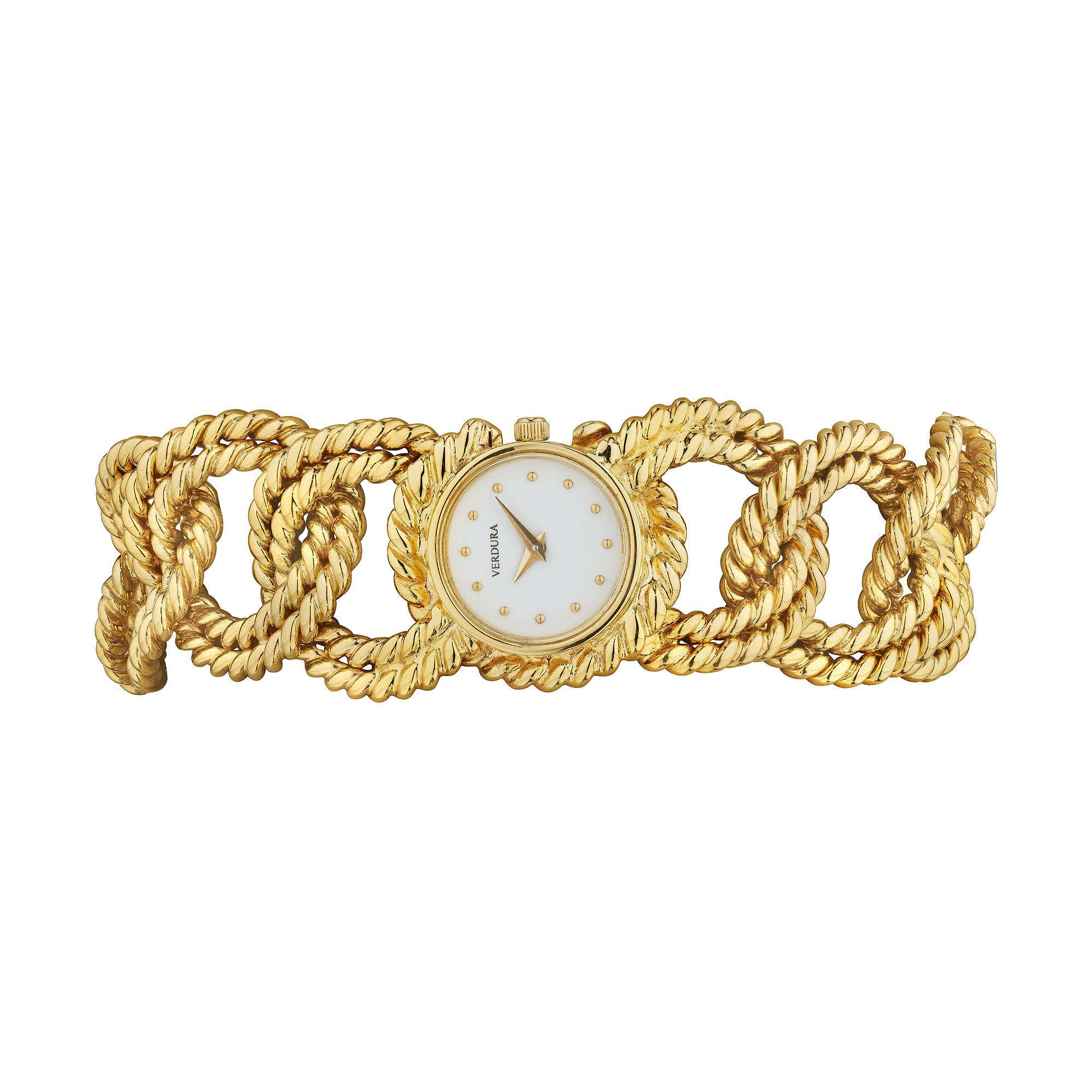 Tie everything up with this stylish Verdura 18 karat yellow gold rope link vintage watch bracelet.  Circa 2007-10.  Signed Verdura on watch dial.  7 1/2