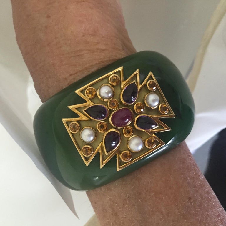 Verdura Green Jade and GemSet 'Maltese' Cuff Bracelet For Sale at