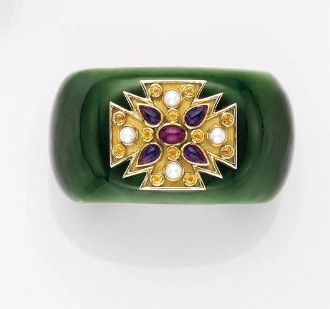 Modern VERDURA Green Jade and Gem-set 'Maltese' Cuff Bracelet For Sale