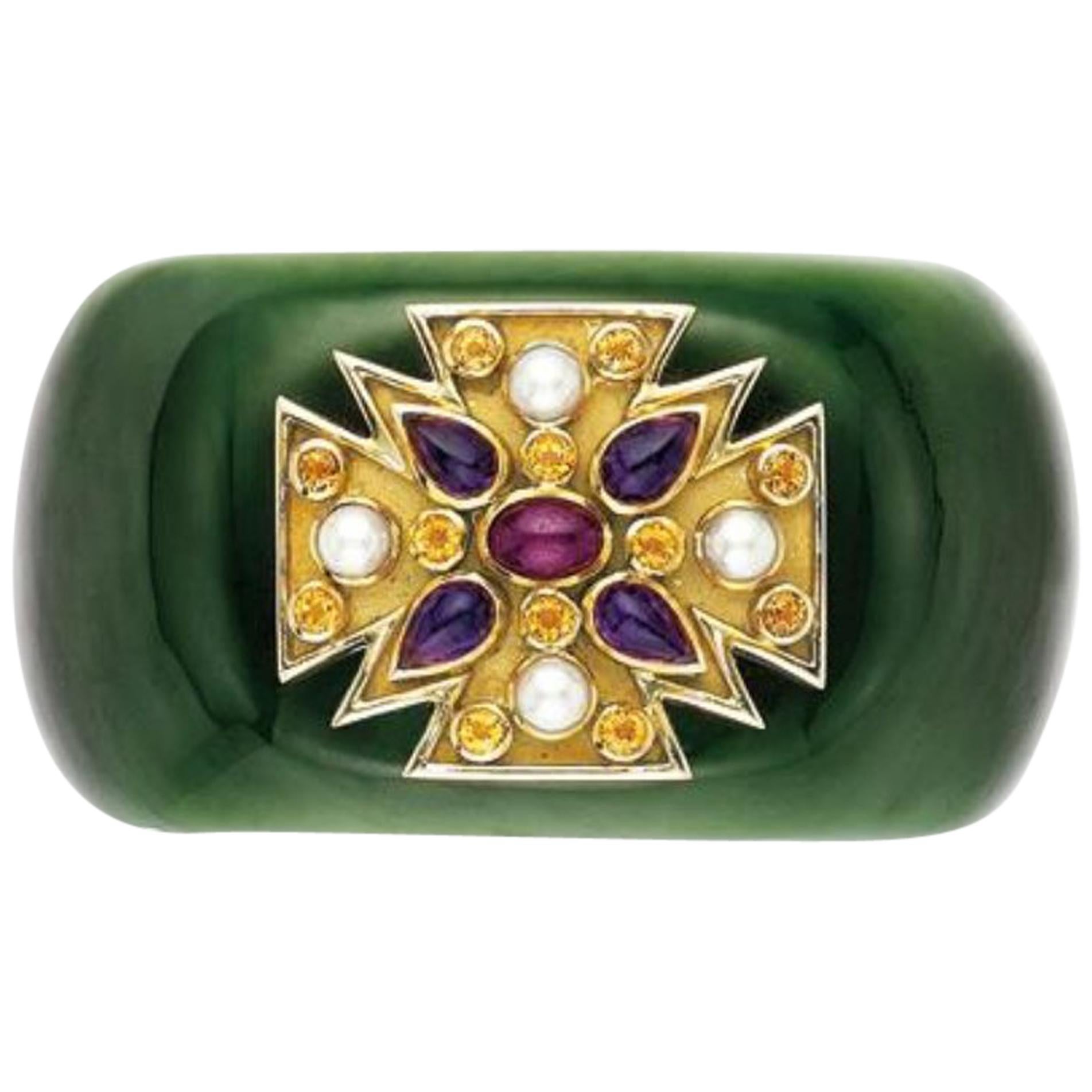 Verdura Green Jade and Gem-Set 'Maltese' Cuff Bracelet For Sale