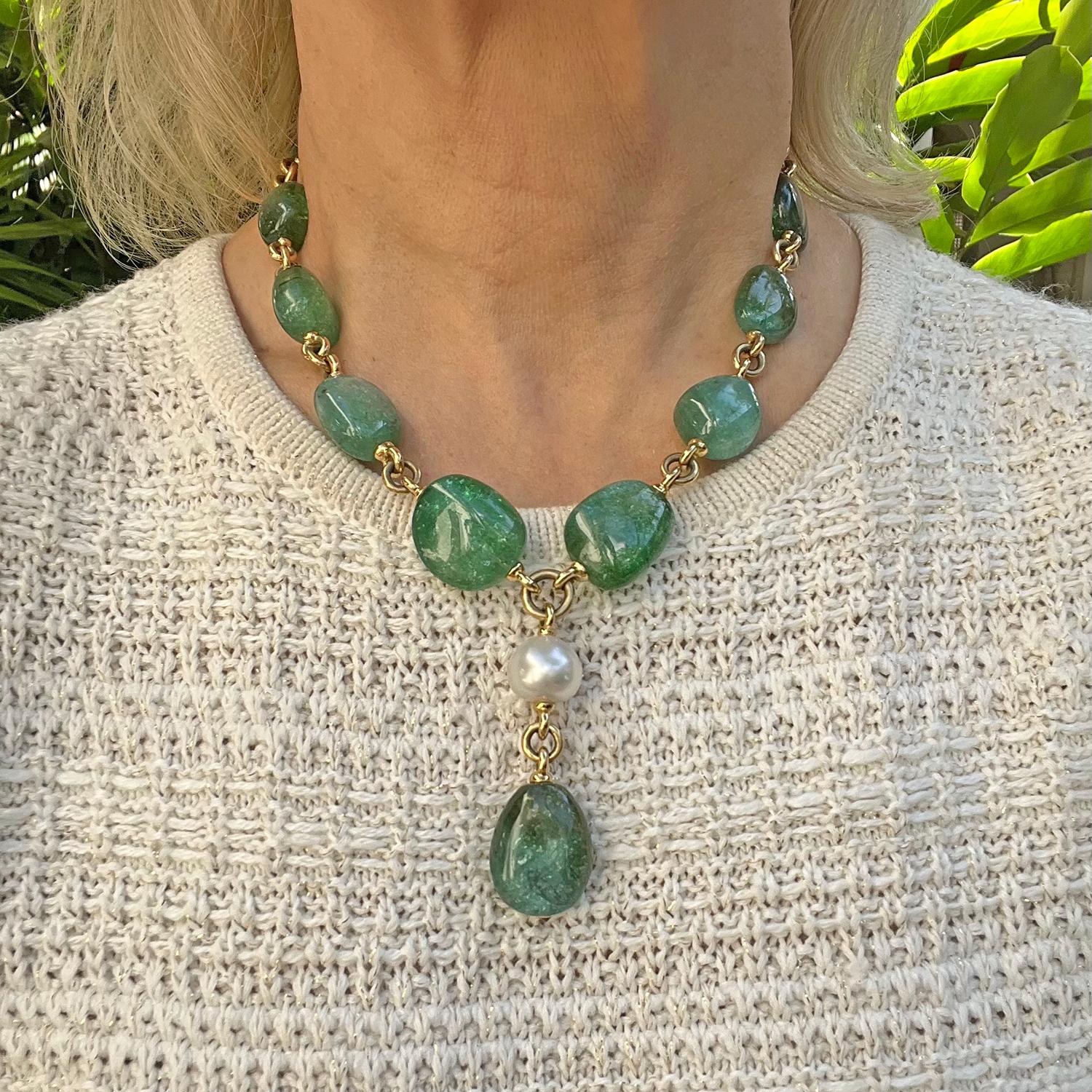 Verdura Green Tourmaline South Sea Pearl Y Necklace In Excellent Condition In Palm Beach, FL