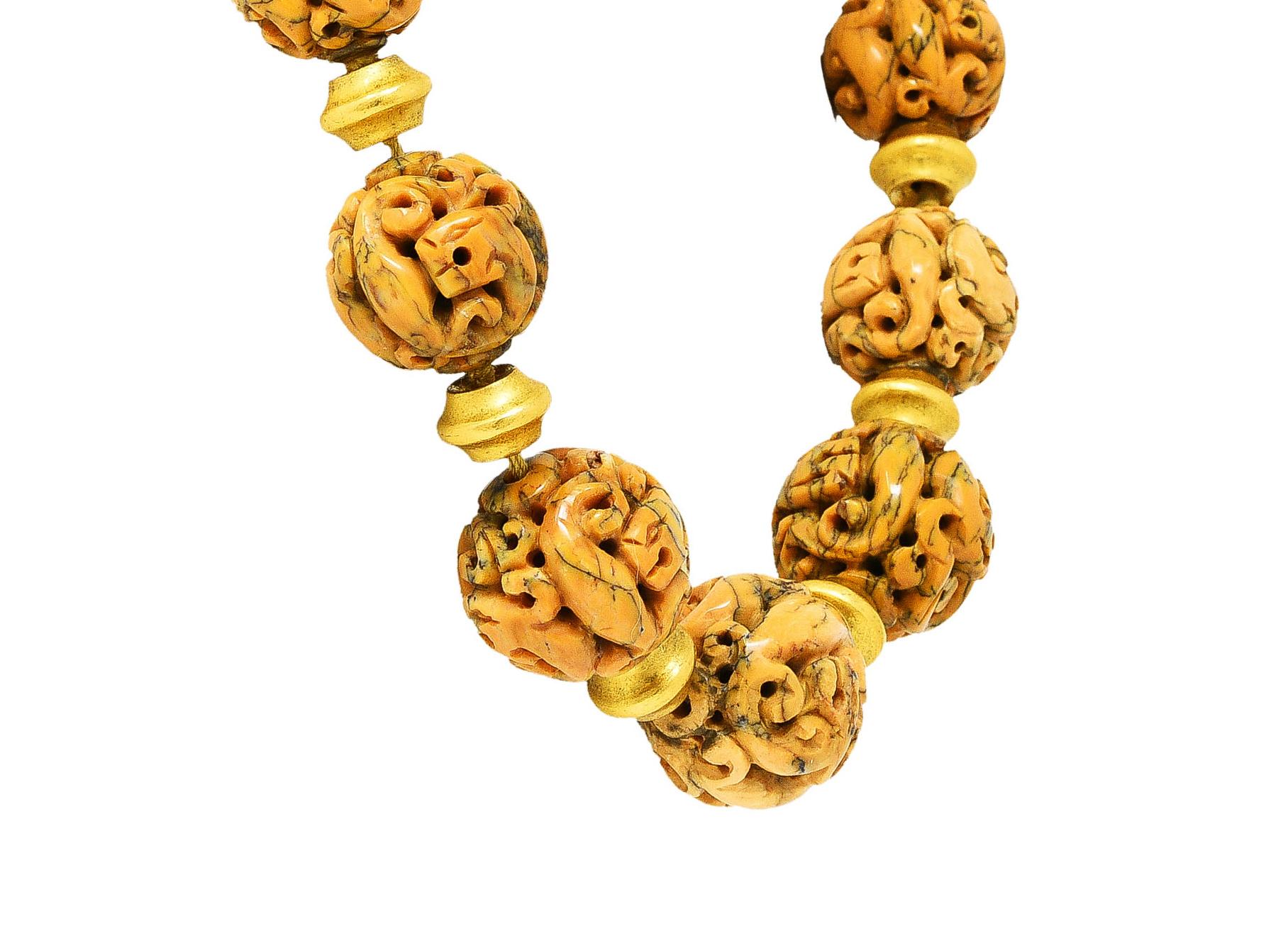 Contemporary Verdura Jasper 18 Karat Yellow Gold Carved Animal Bead Collar Necklace