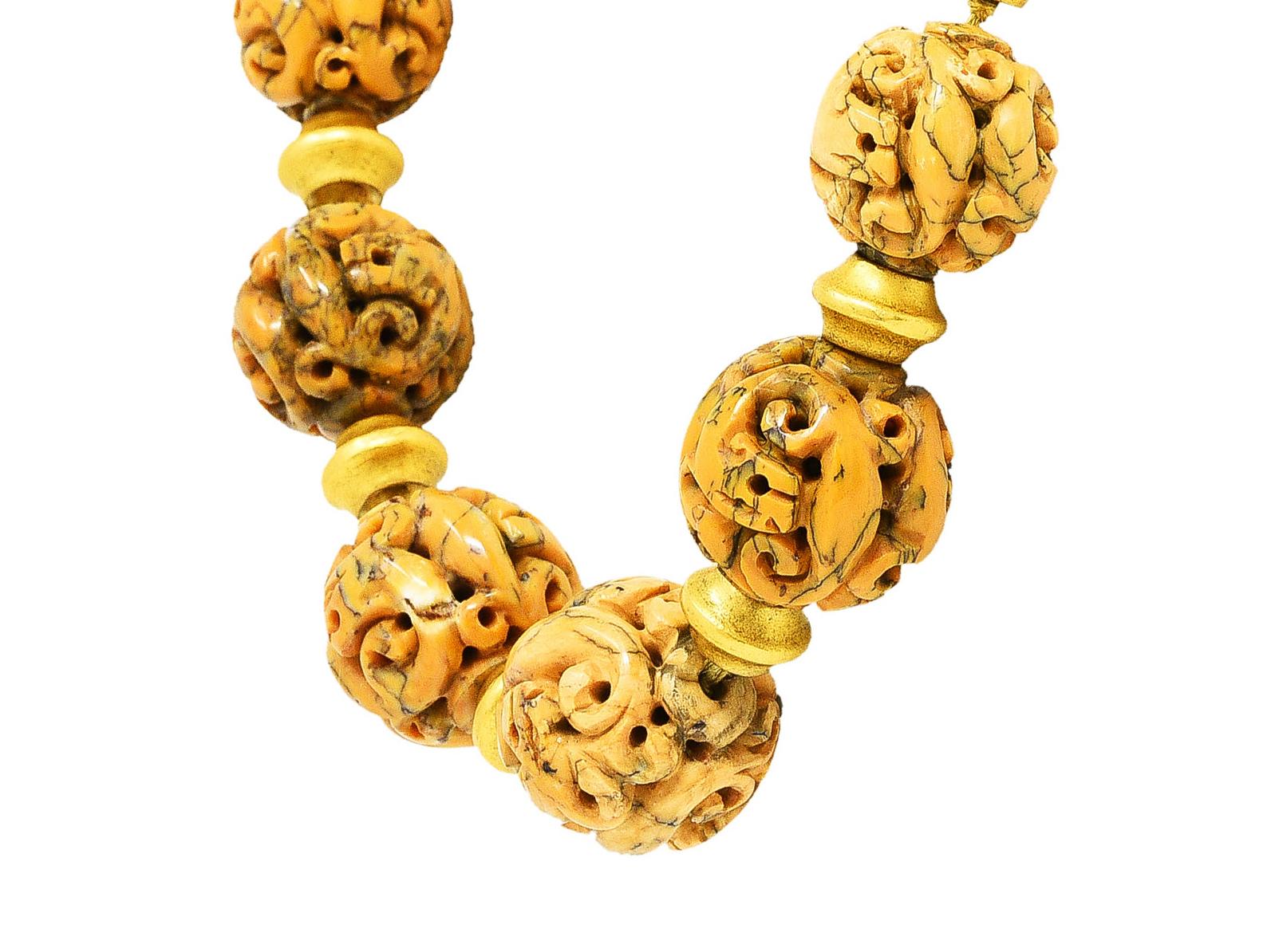 Verdura Jasper 18 Karat Yellow Gold Carved Animal Bead Collar Necklace In Excellent Condition In Philadelphia, PA