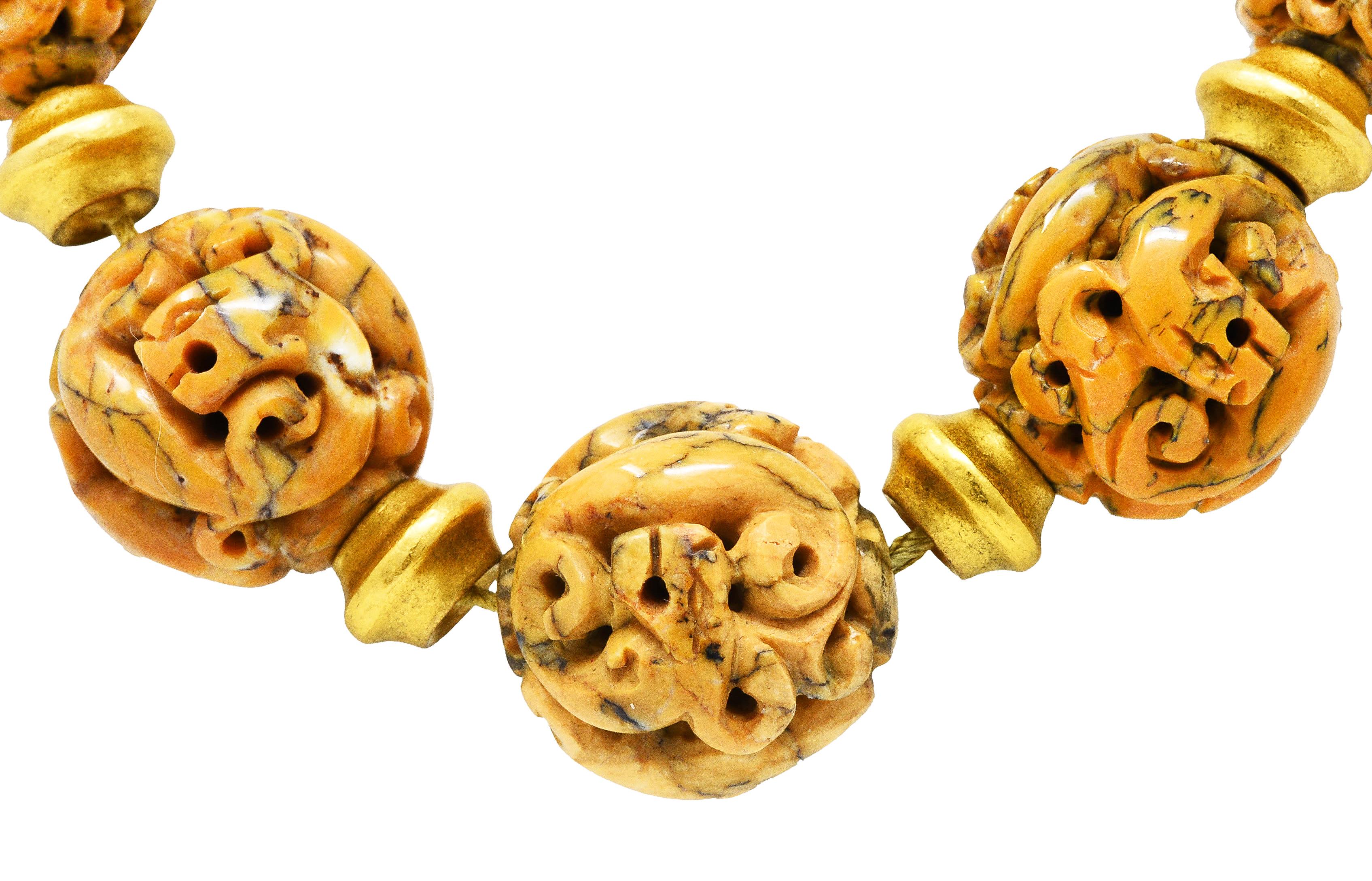 Verdura Jasper 18 Karat Yellow Gold Carved Animal Bead Collar Necklace 3