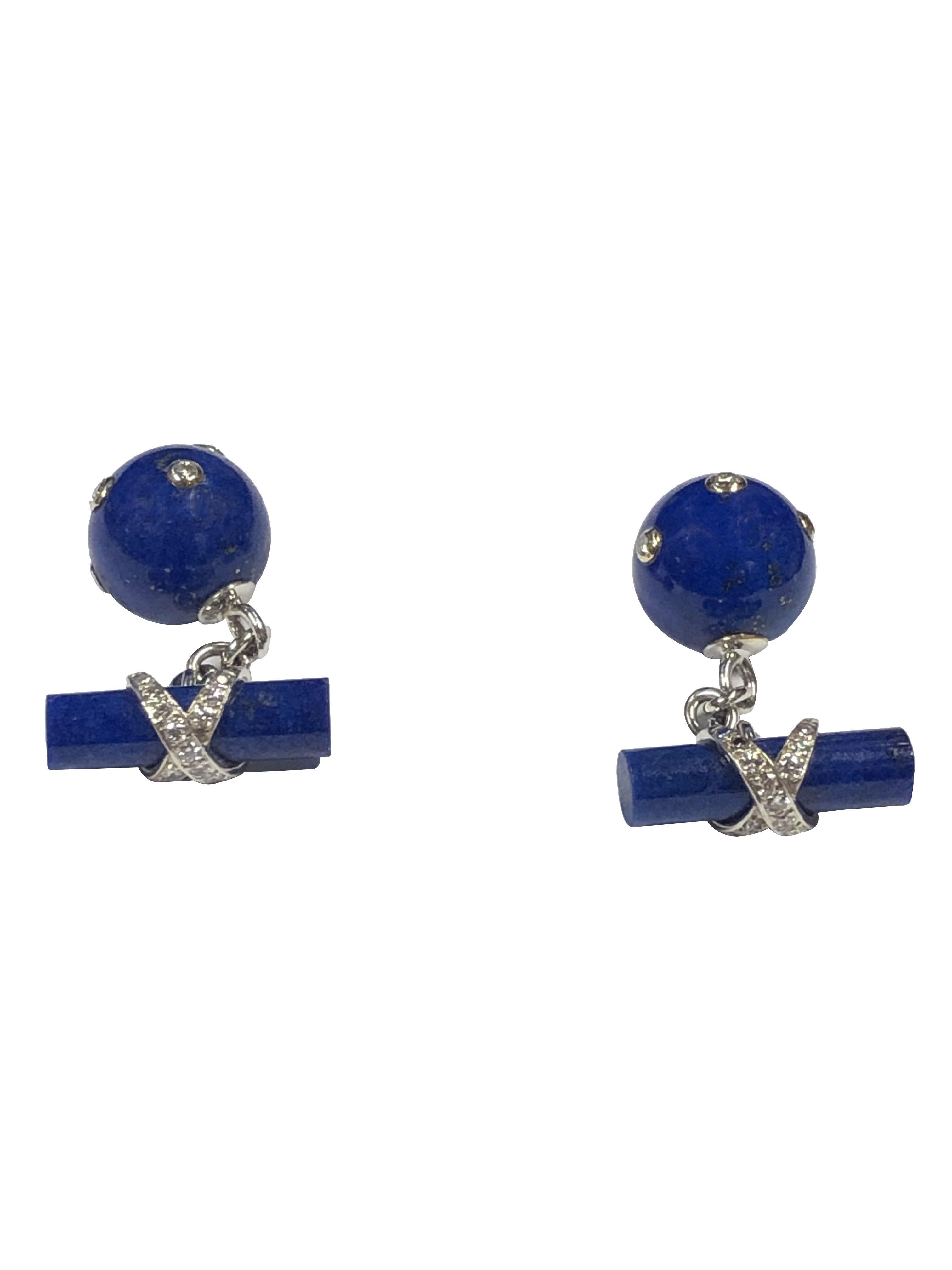 Round Cut Verdura Lapis Gold and Diamond set Cufflinks For Sale