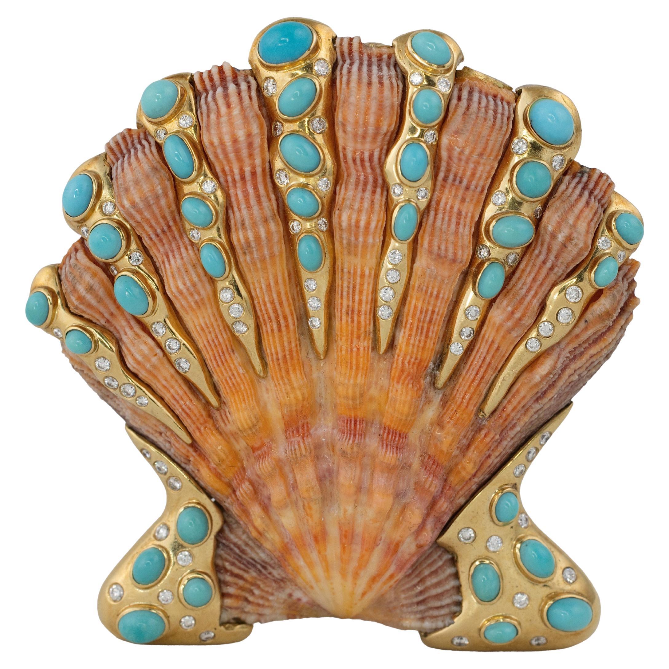 Verdura Lions Paw, Diamond, Turquoise & Gold Brooch For Sale