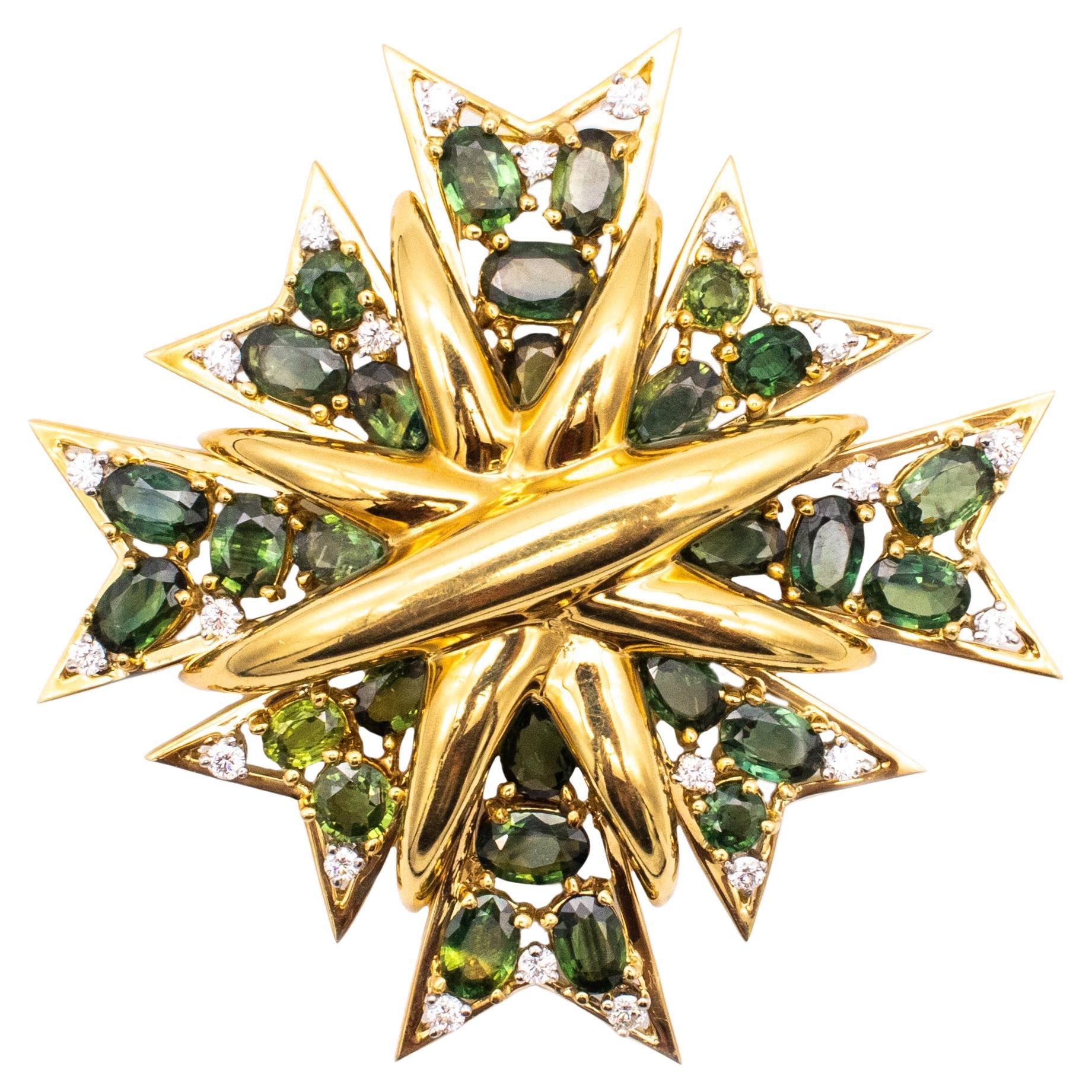 Verdura Maltese Brooch Pendant 18Kt Gold With 31.1 Ctw In Diamonds & Tourmaline For Sale