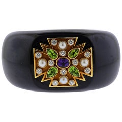 Verdura Maltese Cross Black Jade Diamond Peridot Amethyst Gold Hinged Bracelet