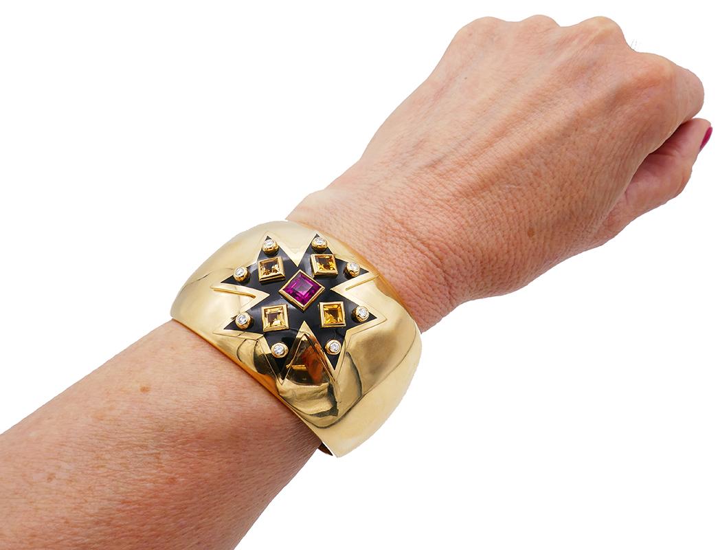 Contemporary Verdura Maltese Cross Cuff Bracelet 18k Gold Gemstones For Sale