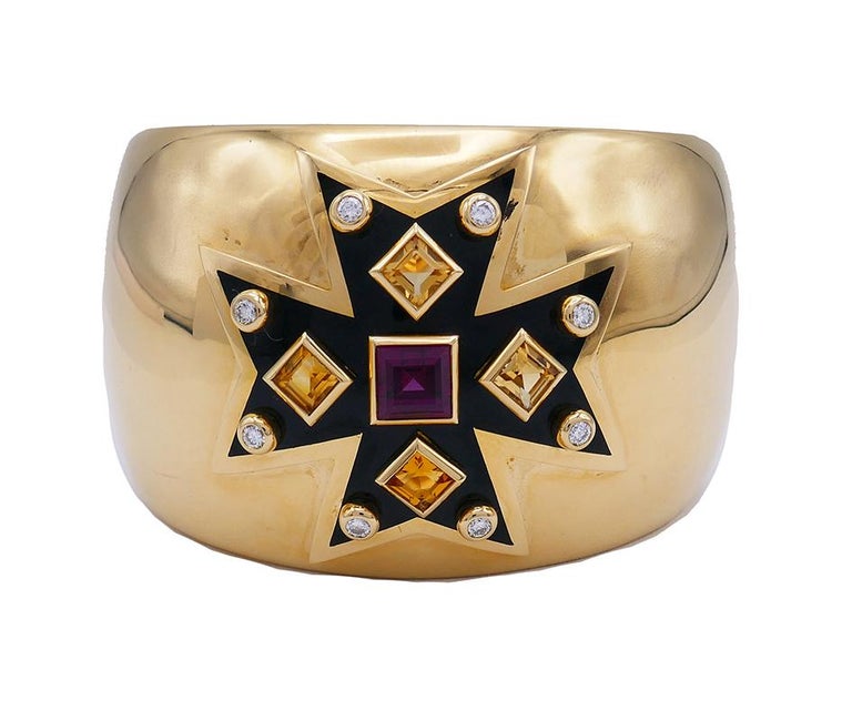Mixed Cut Verdura Maltese Cross Cuff Bracelet 18k Gold Gemstones For Sale