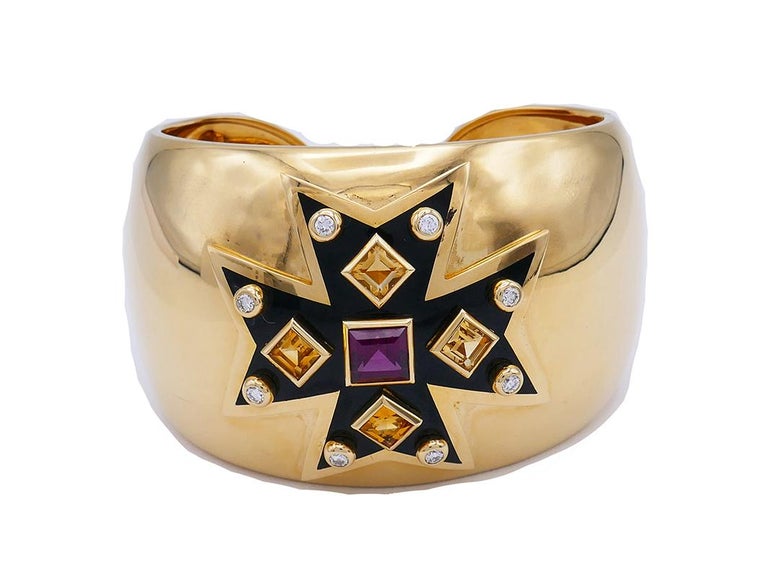 Verdura Maltese Cross Cuff Bracelet 18k Gold Gemstones In Excellent Condition For Sale In Beverly Hills, CA