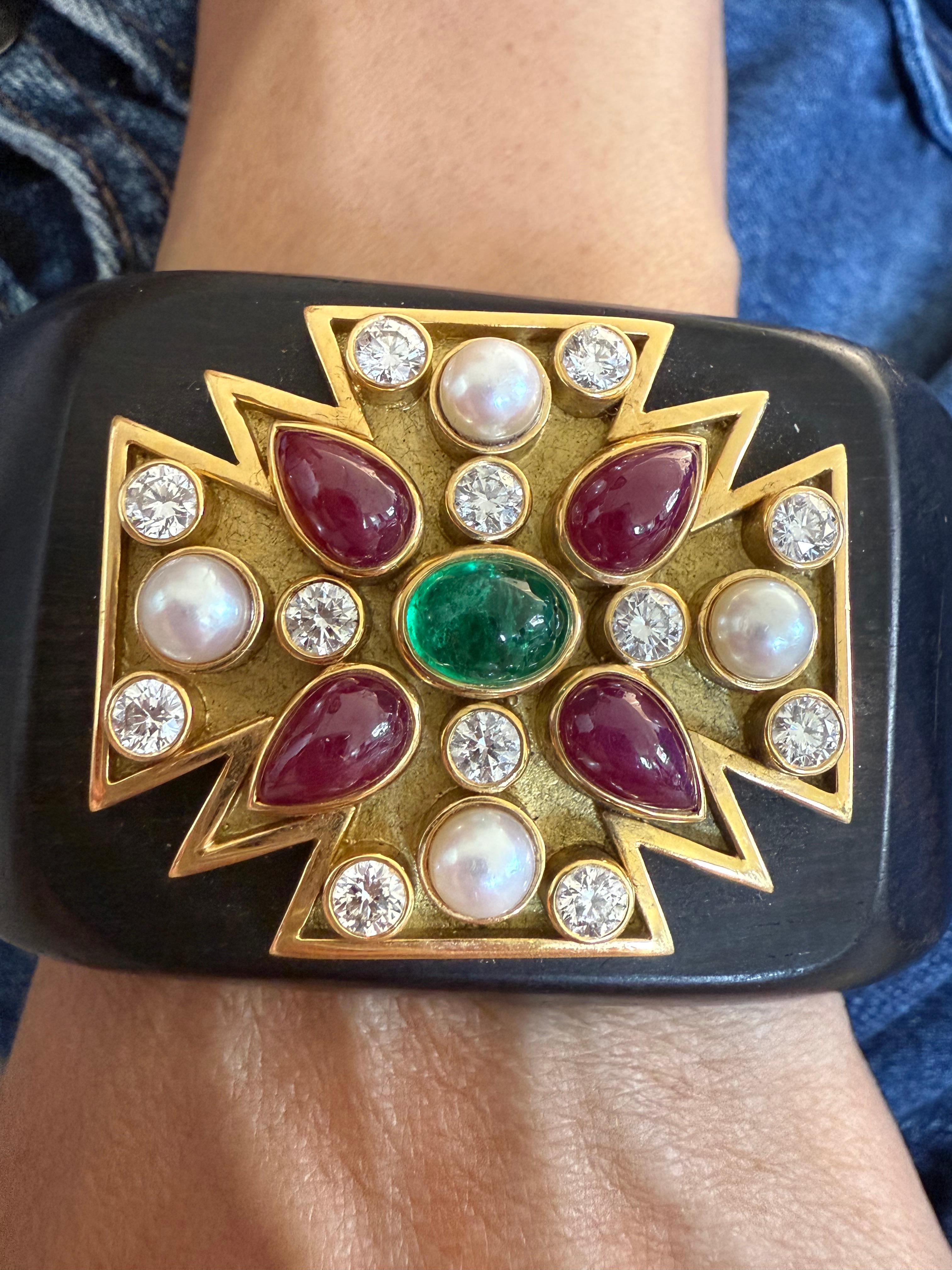 Verdura Maltese Cross Cuff Bracelet with Ruby Emerald and Diamonds For Sale 6