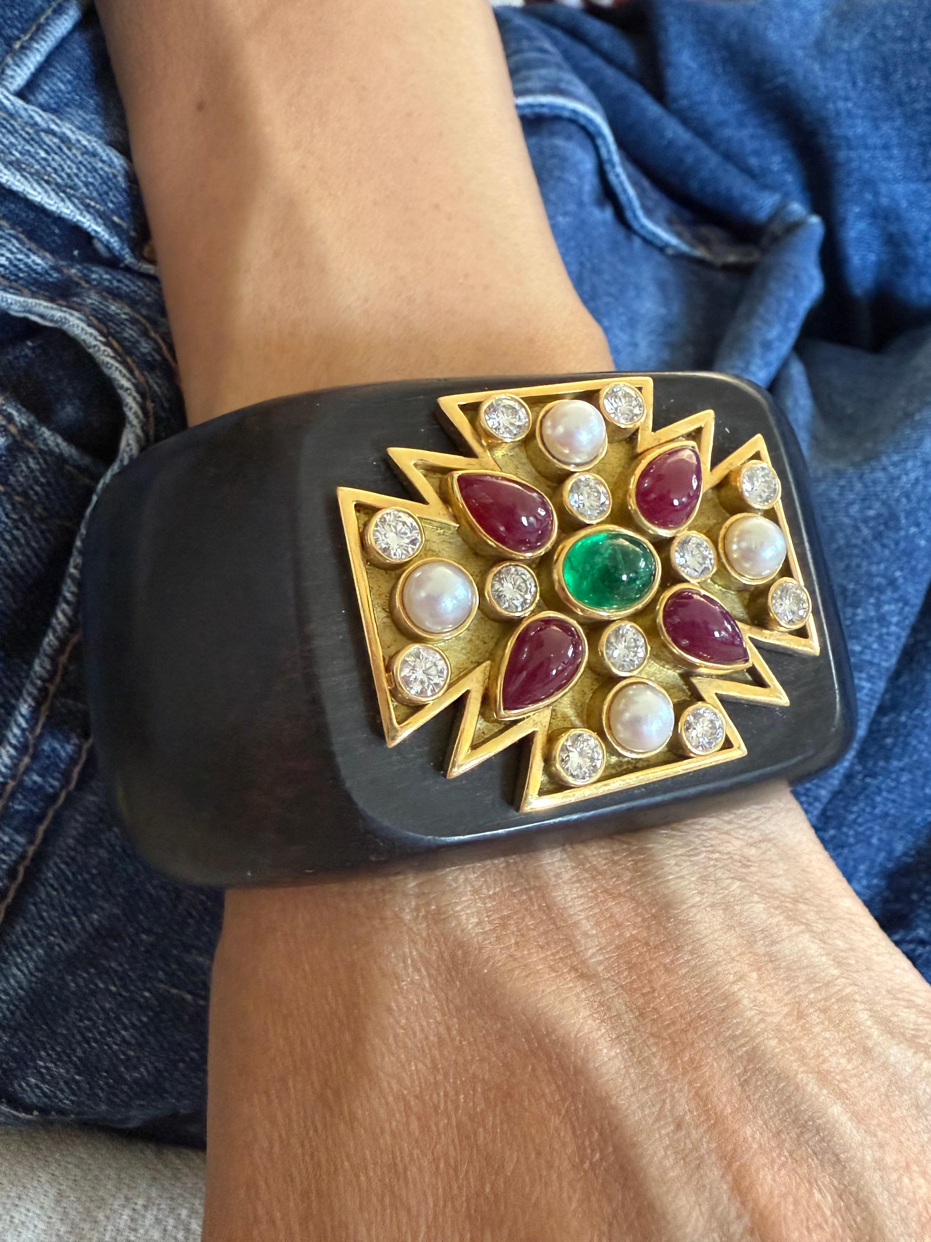 Verdura Maltese Cross Cuff Bracelet with Ruby Emerald and Diamonds For Sale 8