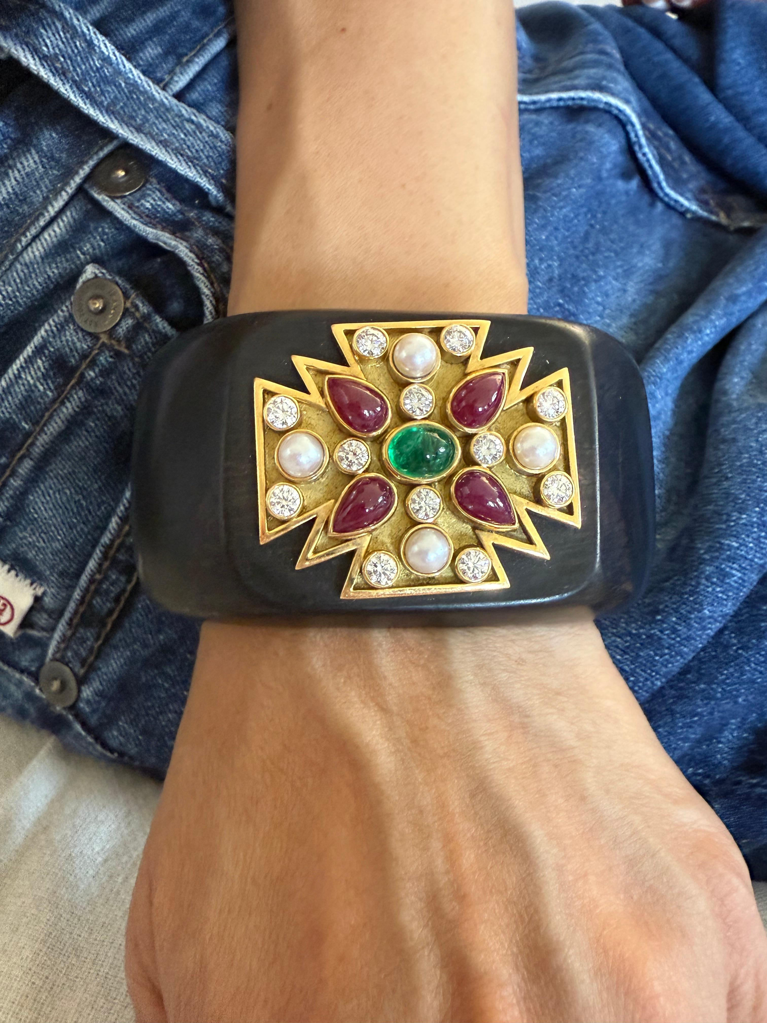 Verdura Maltese Cross Cuff Bracelet with Ruby Emerald and Diamonds For Sale 9