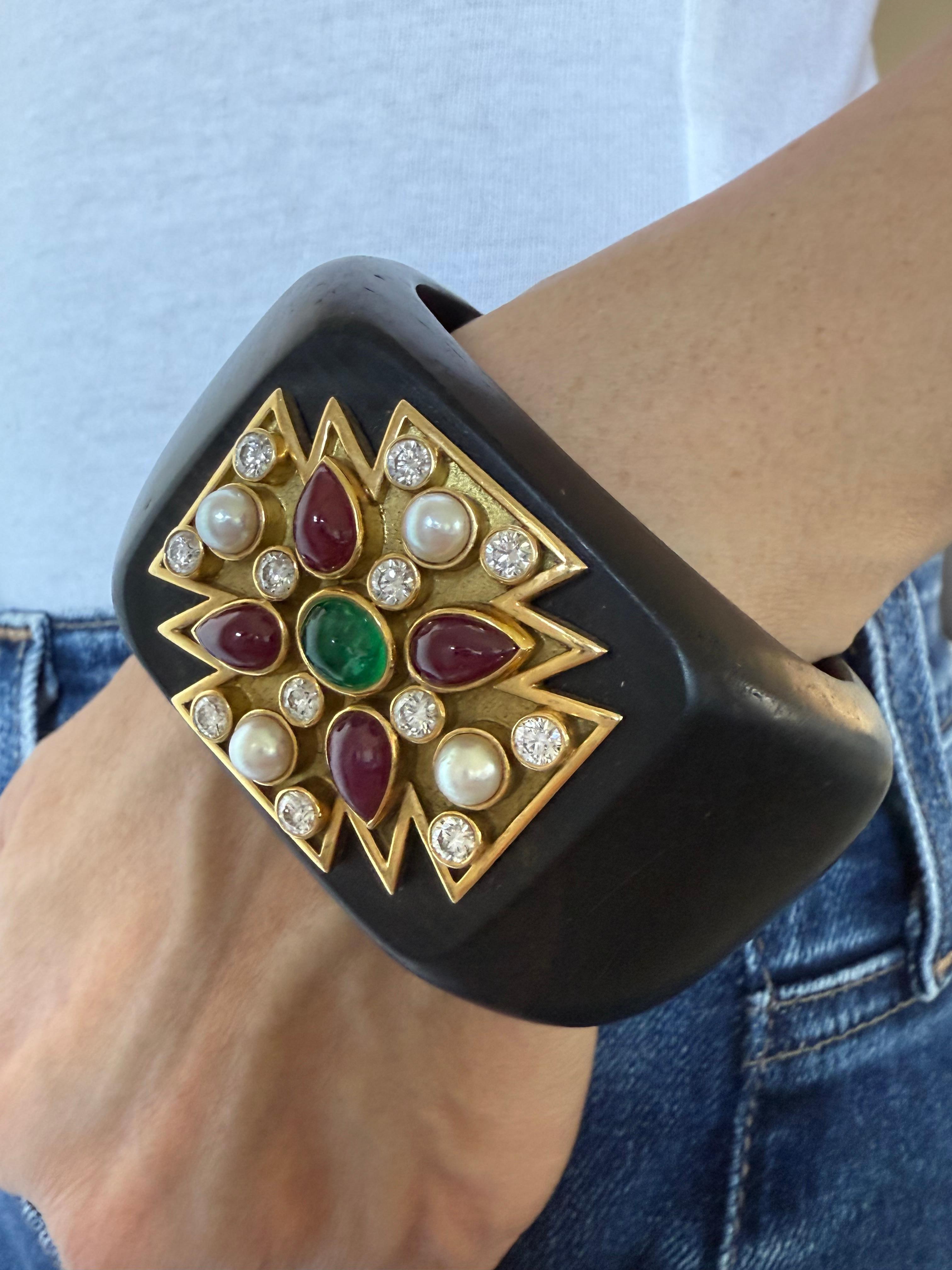 Verdura Maltese Cross Cuff Bracelet with Ruby Emerald and Diamonds In Good Condition For Sale In Beverly Hills, CA