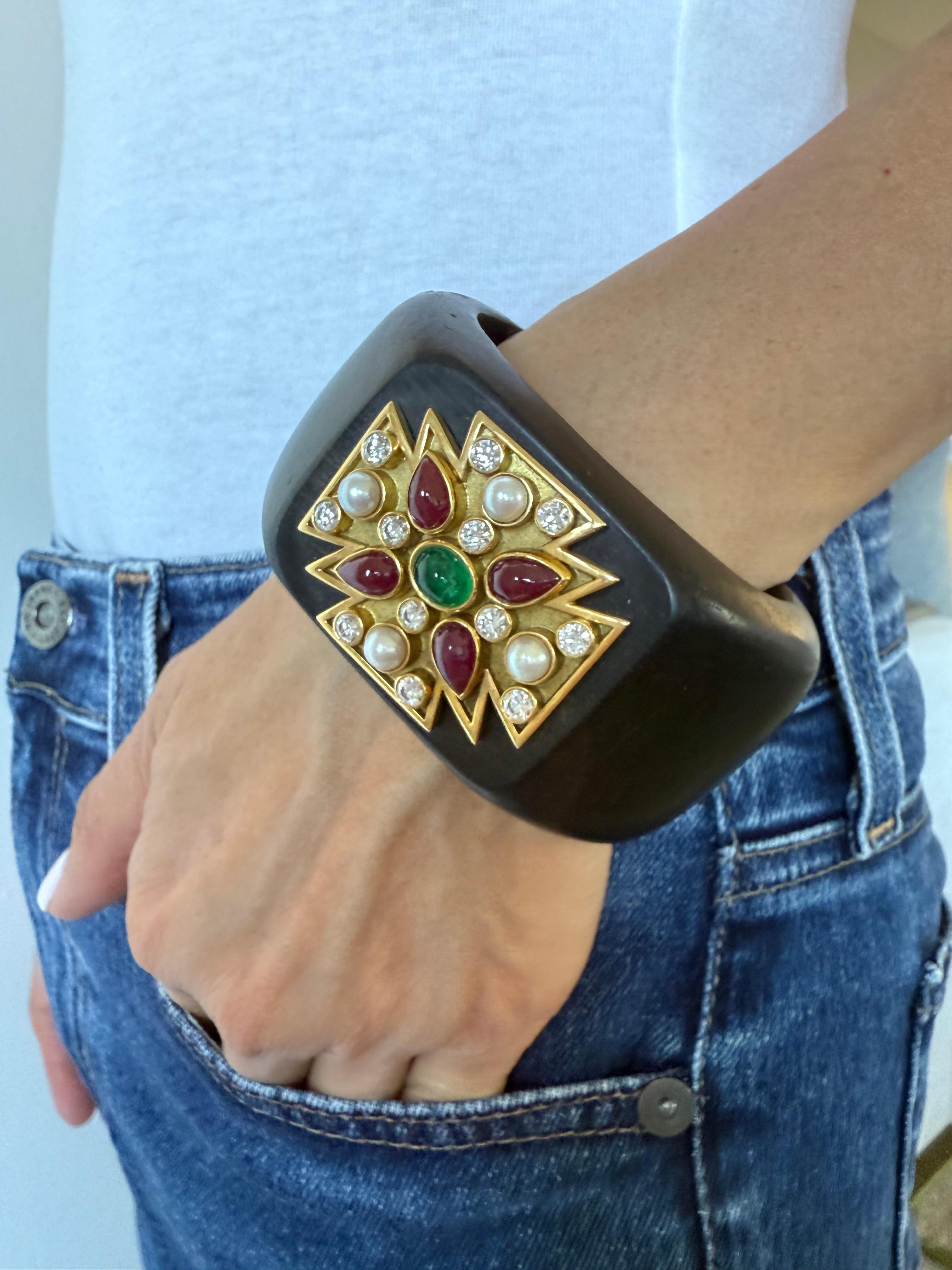 Women's or Men's Verdura Maltese Cross Cuff Bracelet with Ruby Emerald and Diamonds For Sale