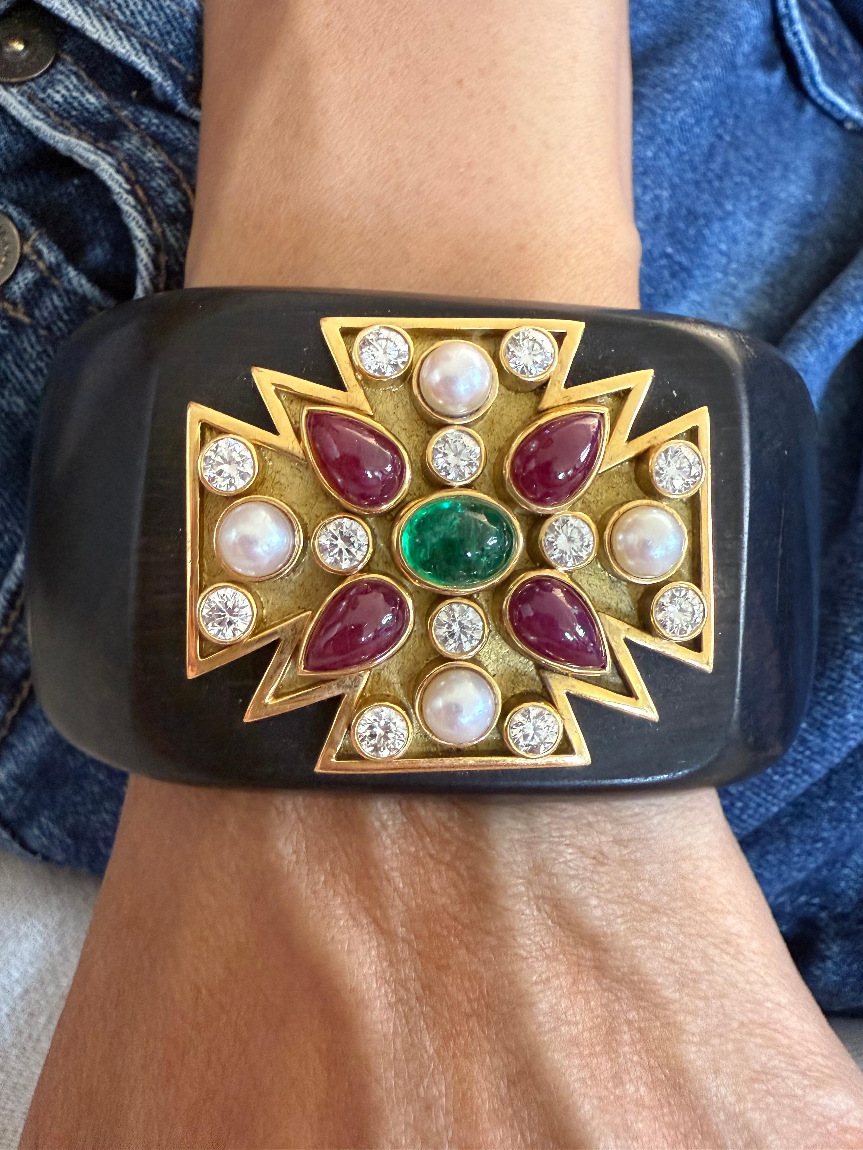 Verdura Maltese Cross Cuff Bracelet with Ruby Emerald and Diamonds For Sale 2