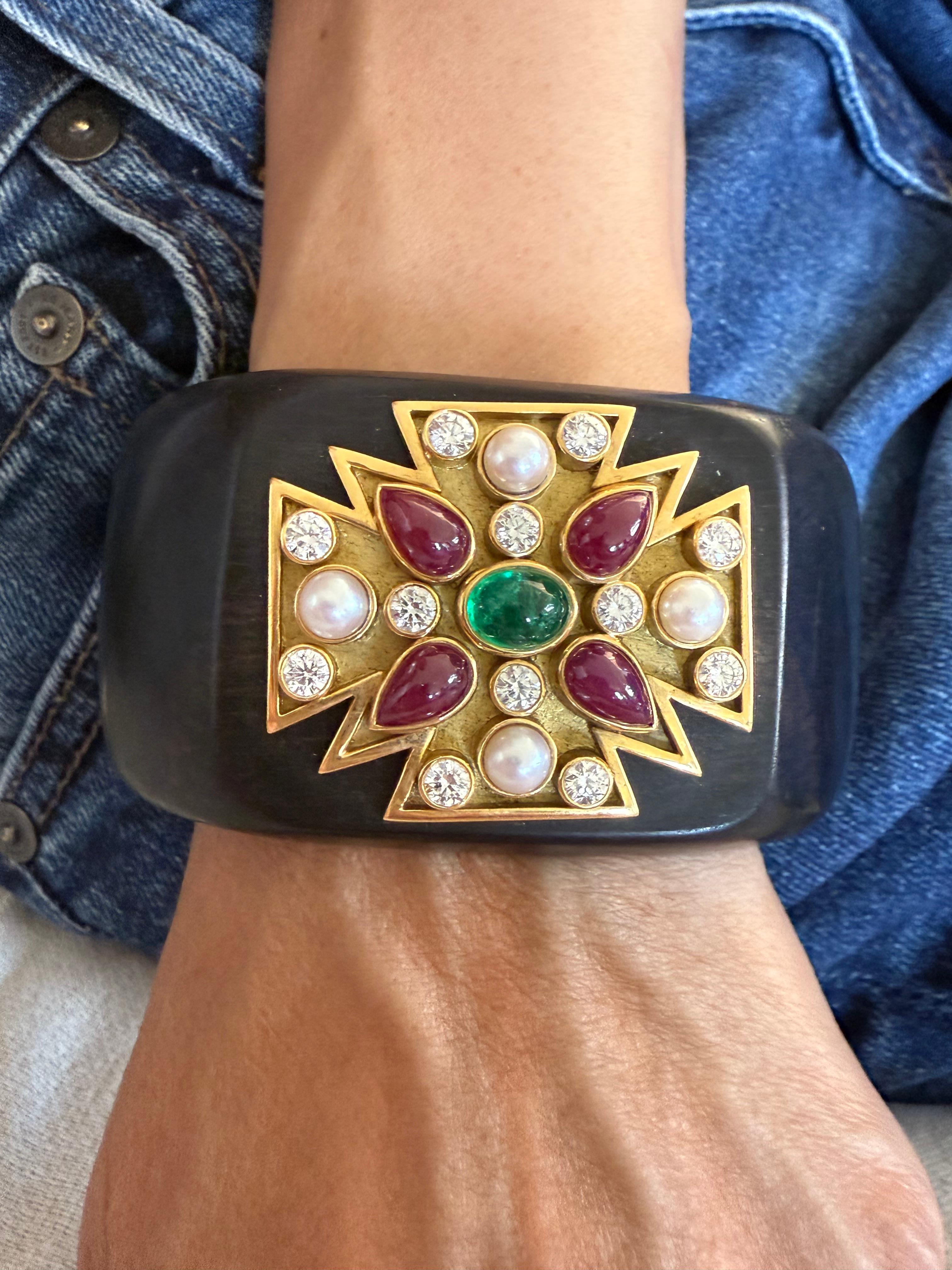 Verdura Maltese Cross Cuff Bracelet with Ruby Emerald and Diamonds For Sale 3