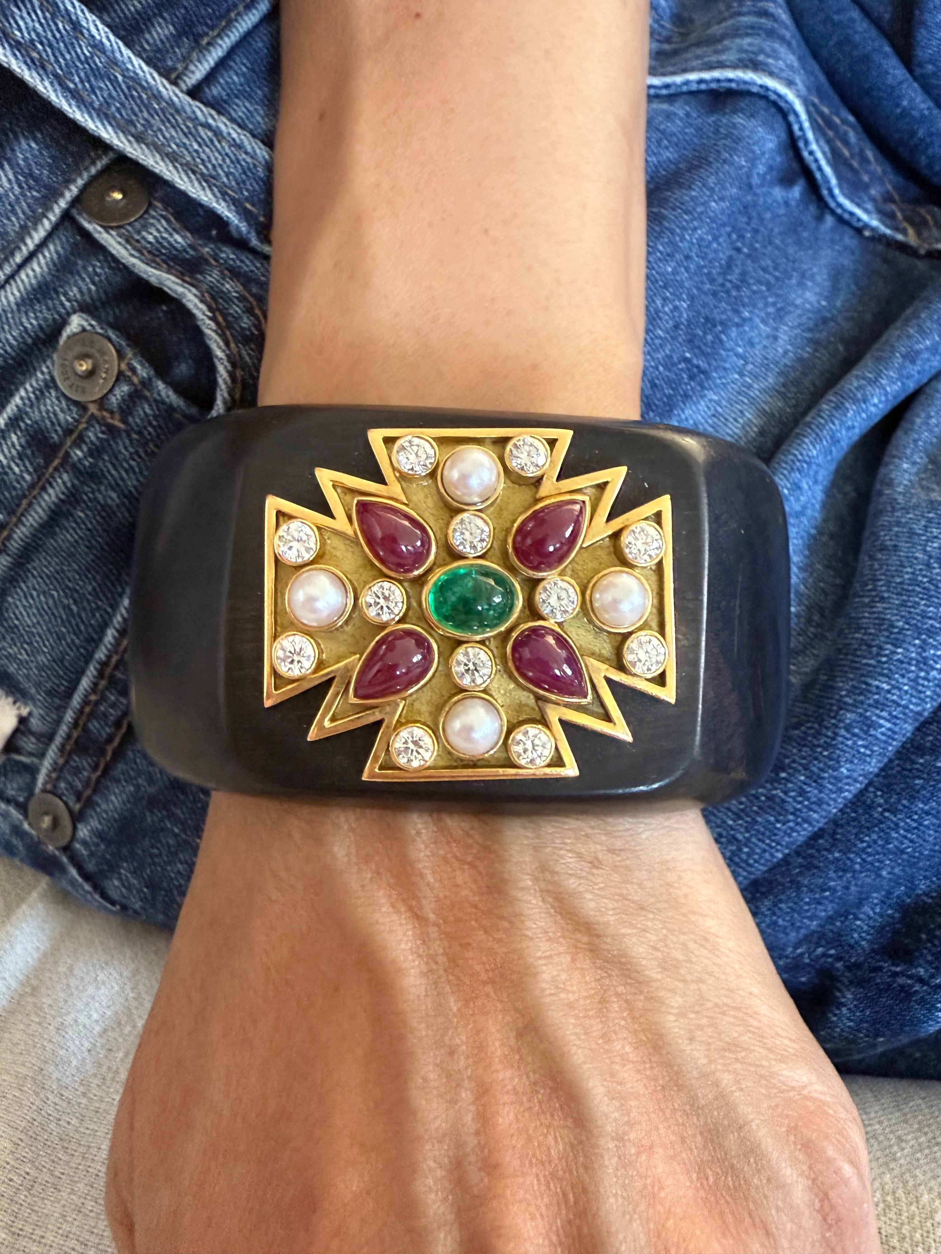 Verdura Maltese Cross Cuff Bracelet with Ruby Emerald and Diamonds For Sale 4