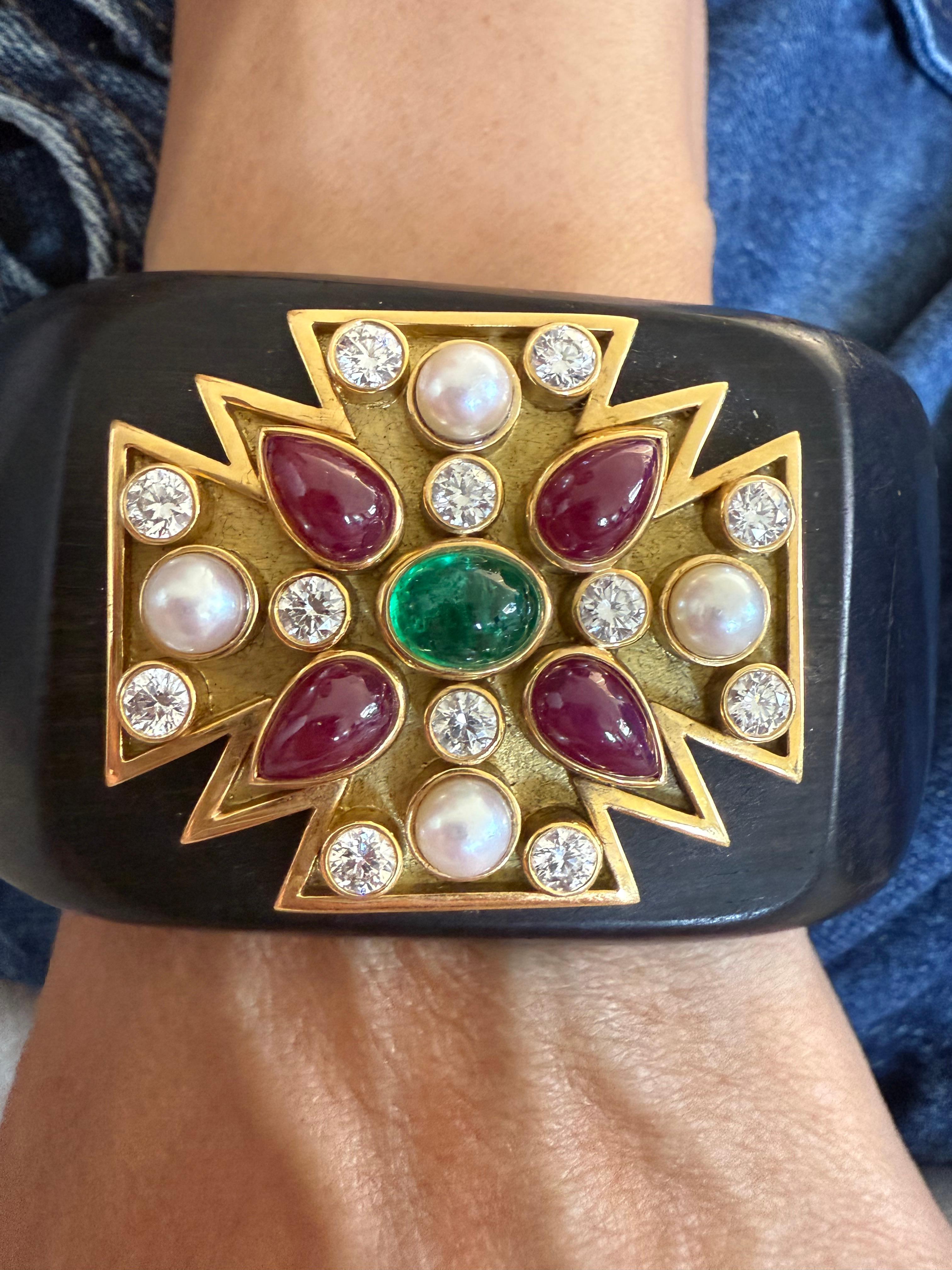 Verdura Maltese Cross Cuff Bracelet with Ruby Emerald and Diamonds For Sale 5