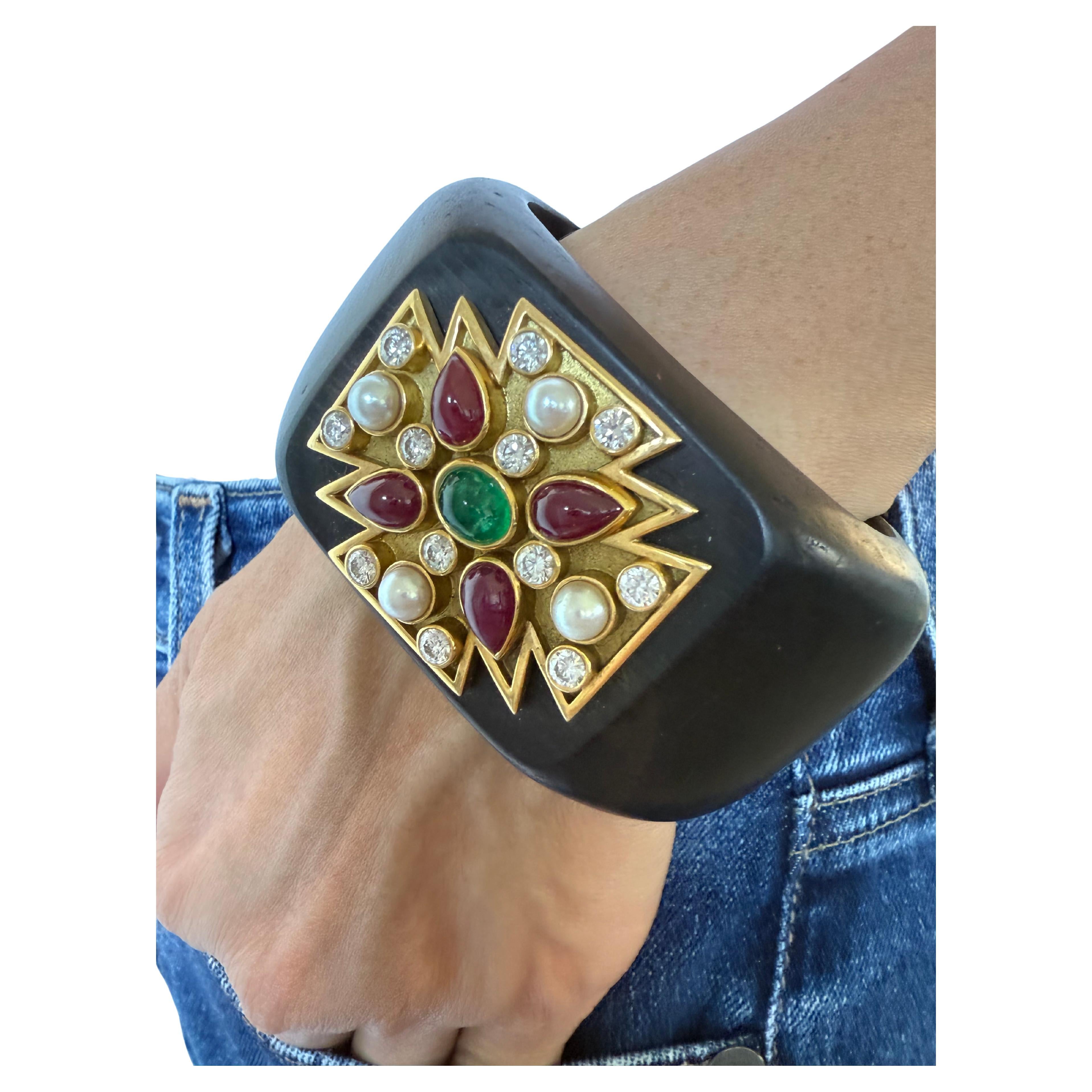 Verdura Maltese Cross Cuff Bracelet with Ruby Emerald and Diamonds