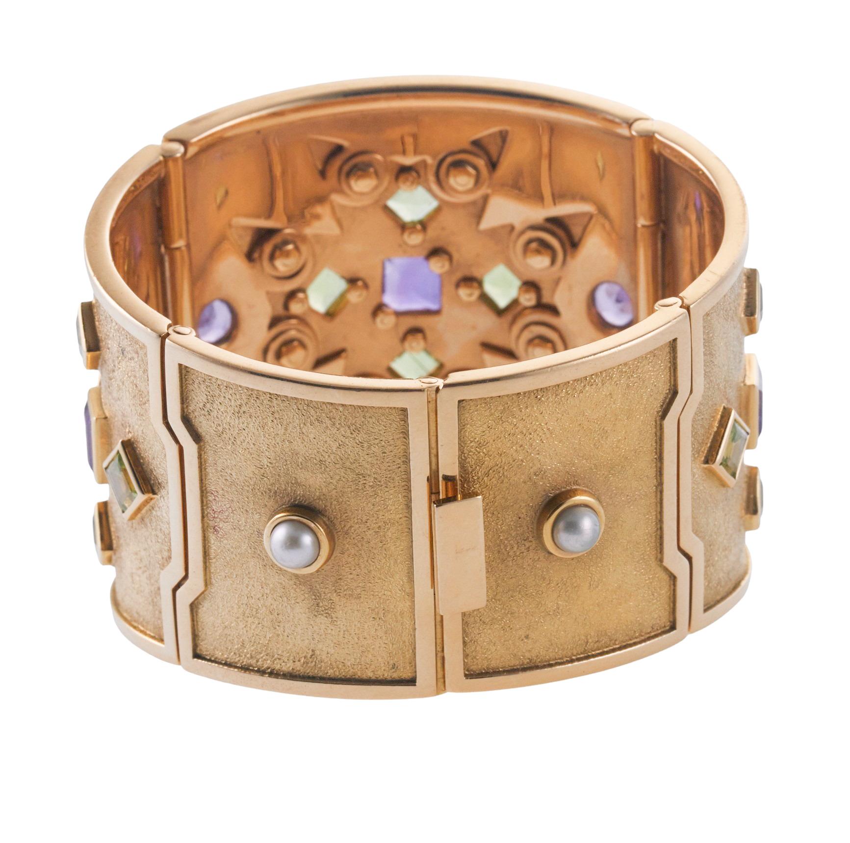 Cabochon Verdura Maltese Cross Diamond Amethyst Peridot Pearl Gold Bracelet For Sale