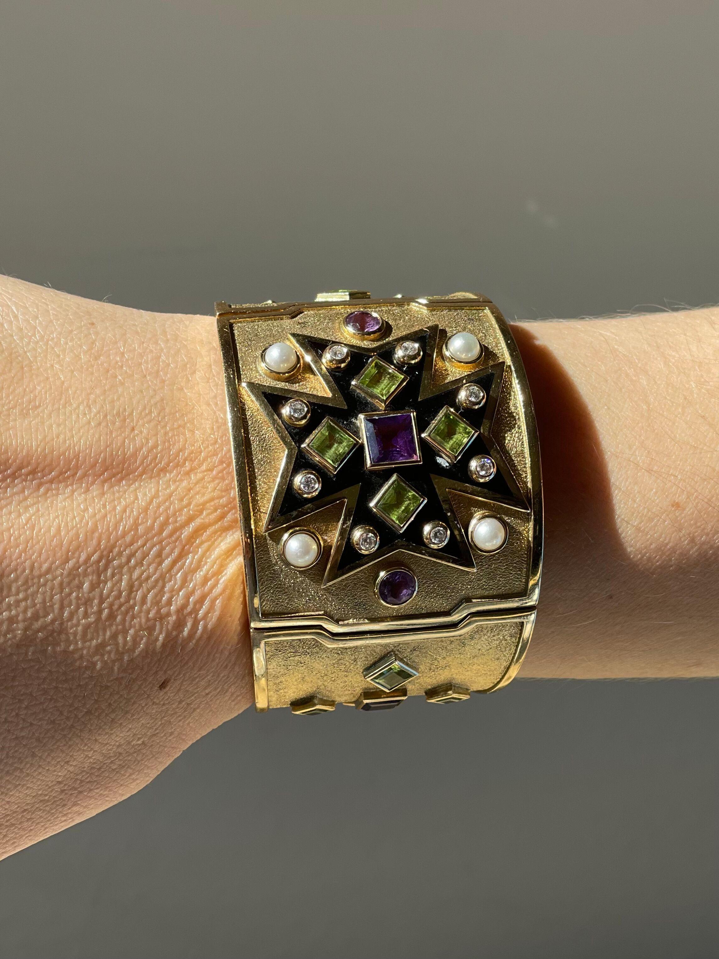 Women's or Men's Verdura Maltese Cross Diamond Amethyst Peridot Pearl Gold Bracelet