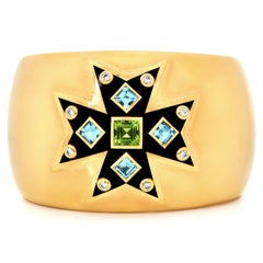 Verdura Maltese Cross Diamond Gemstones 18k Yellow Gold Enamel Bangle Bracelet