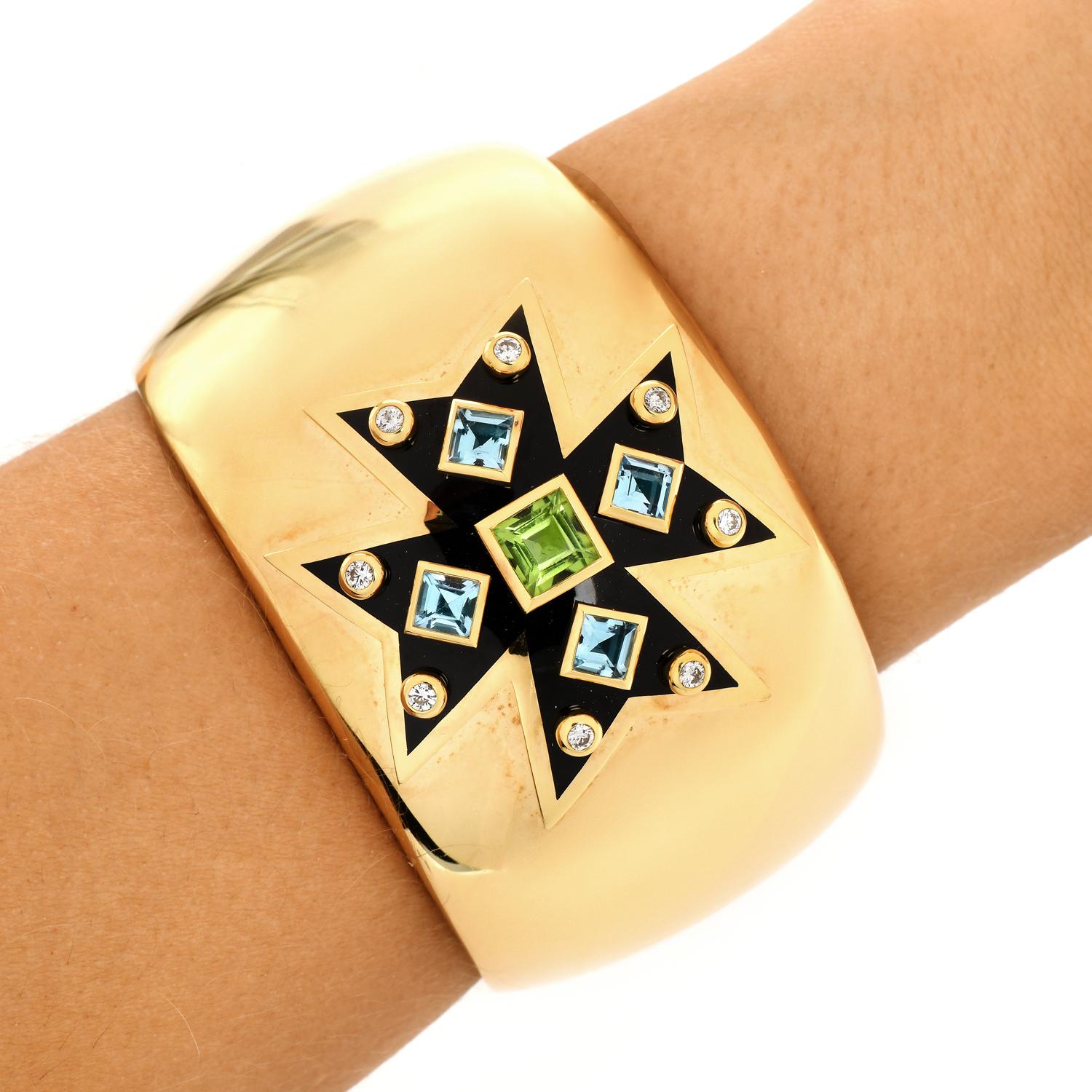 Women's Verdura Maltese Cross Diamond Gemstones 18k Yellow Gold Enamel Bangle Bracelet For Sale