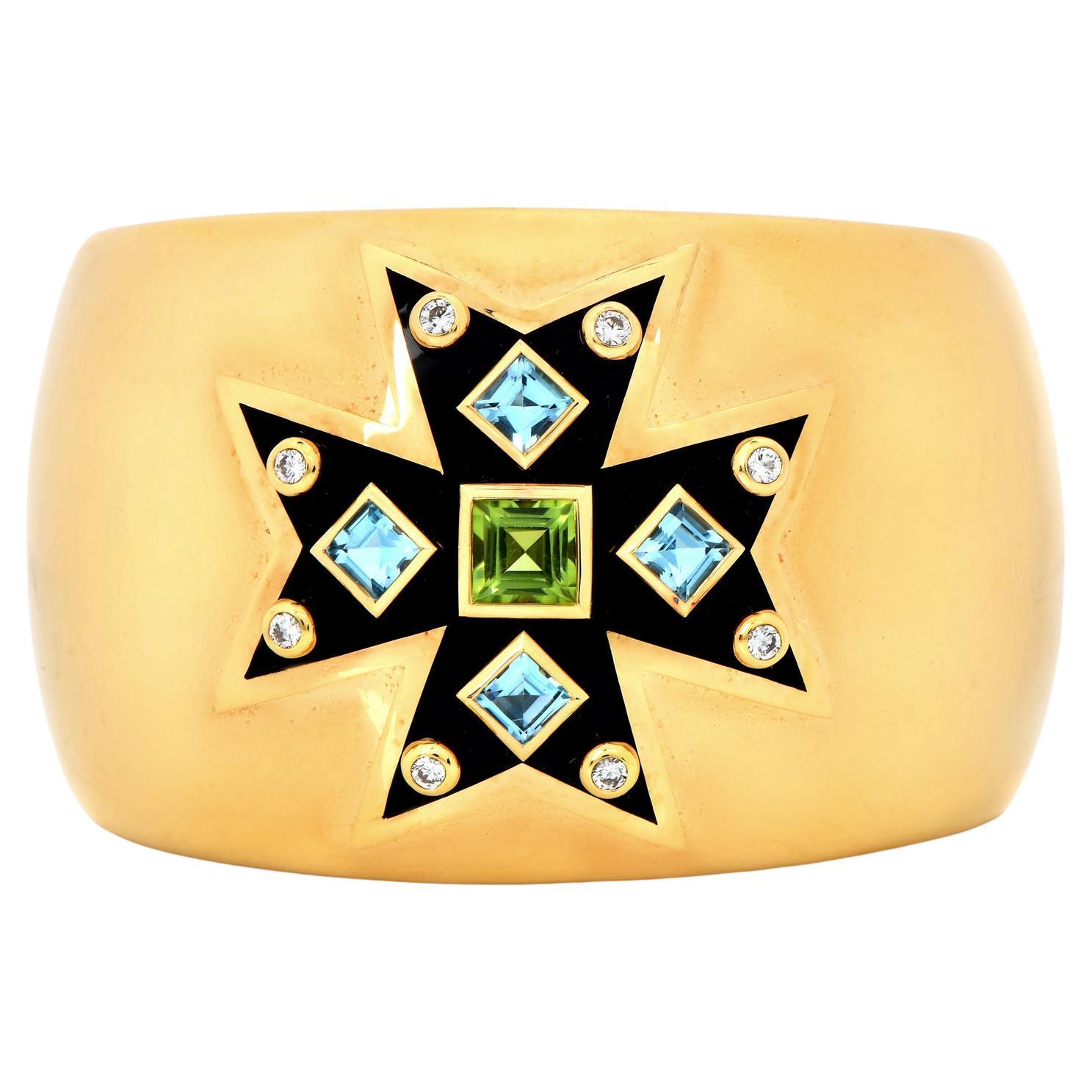 Verdura Maltese Cross Diamond Gemstones 18k Yellow Gold Enamel Bangle Bracelet For Sale