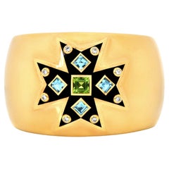 Verdura Maltese Cross Diamond Gemstones 18k Yellow Gold Enamel Bangle Bracelet