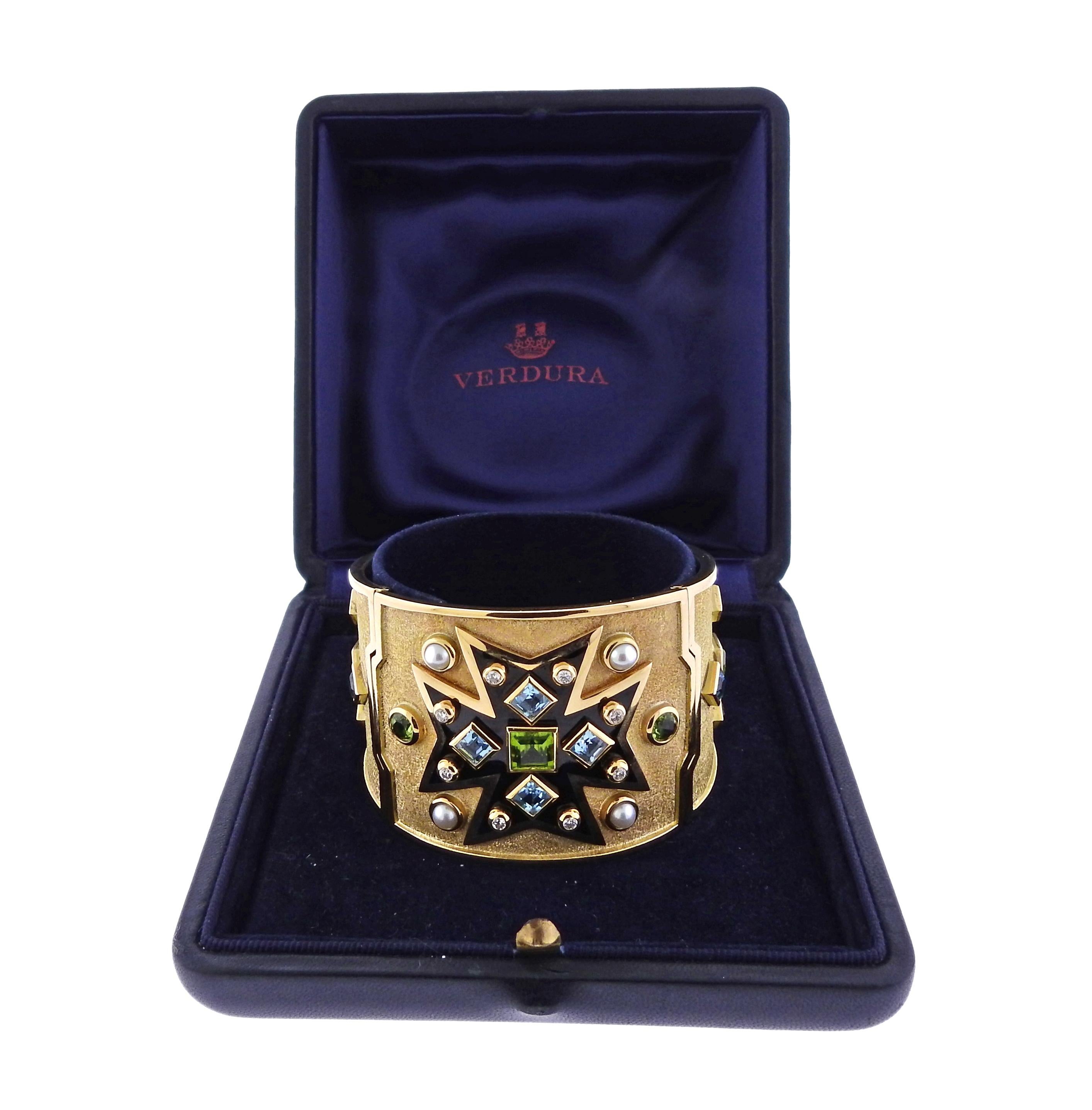 Verdura Maltese Cross Gemstone Pearl Diamond Gold Bracelet 4